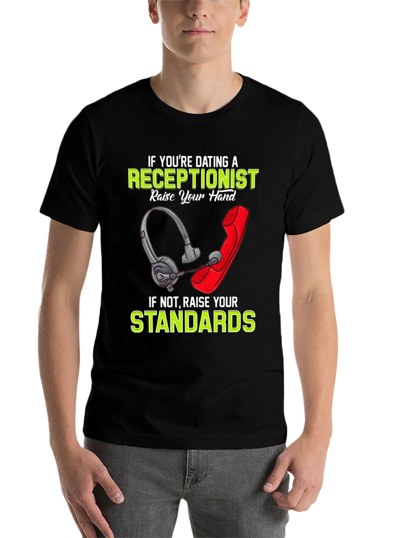 Black Receptionist Humor T-Shirt: Dating Standards Graphic Tee view 7