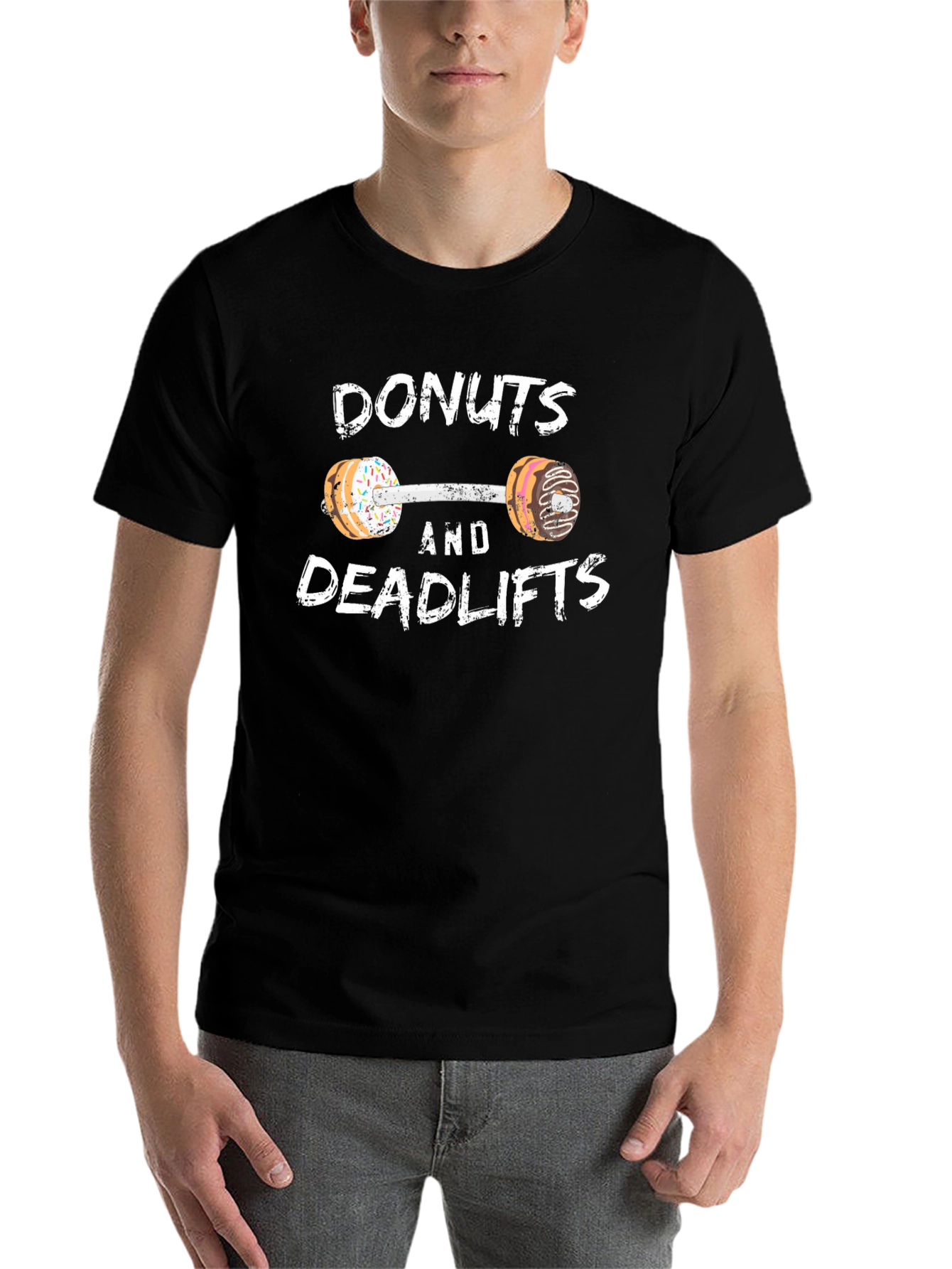 Black Donuts and Deadlifts Funny Workout Gym T-Shirt view 7