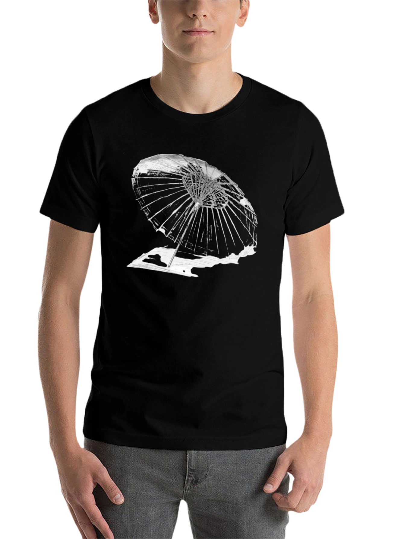 Black Abstract Umbrella Graphic Tee - Black Cotton T-Shirt view 7