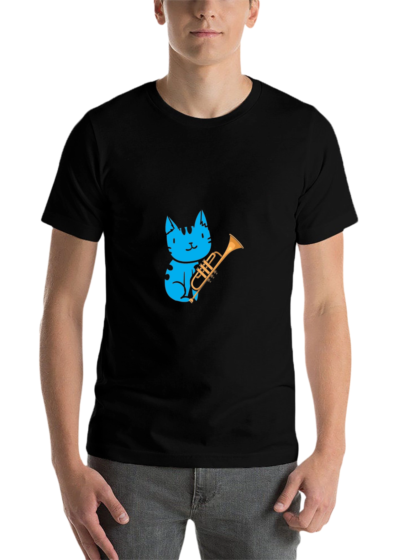 Black Blue Cat Trumpet Player Graphic Tee view 7