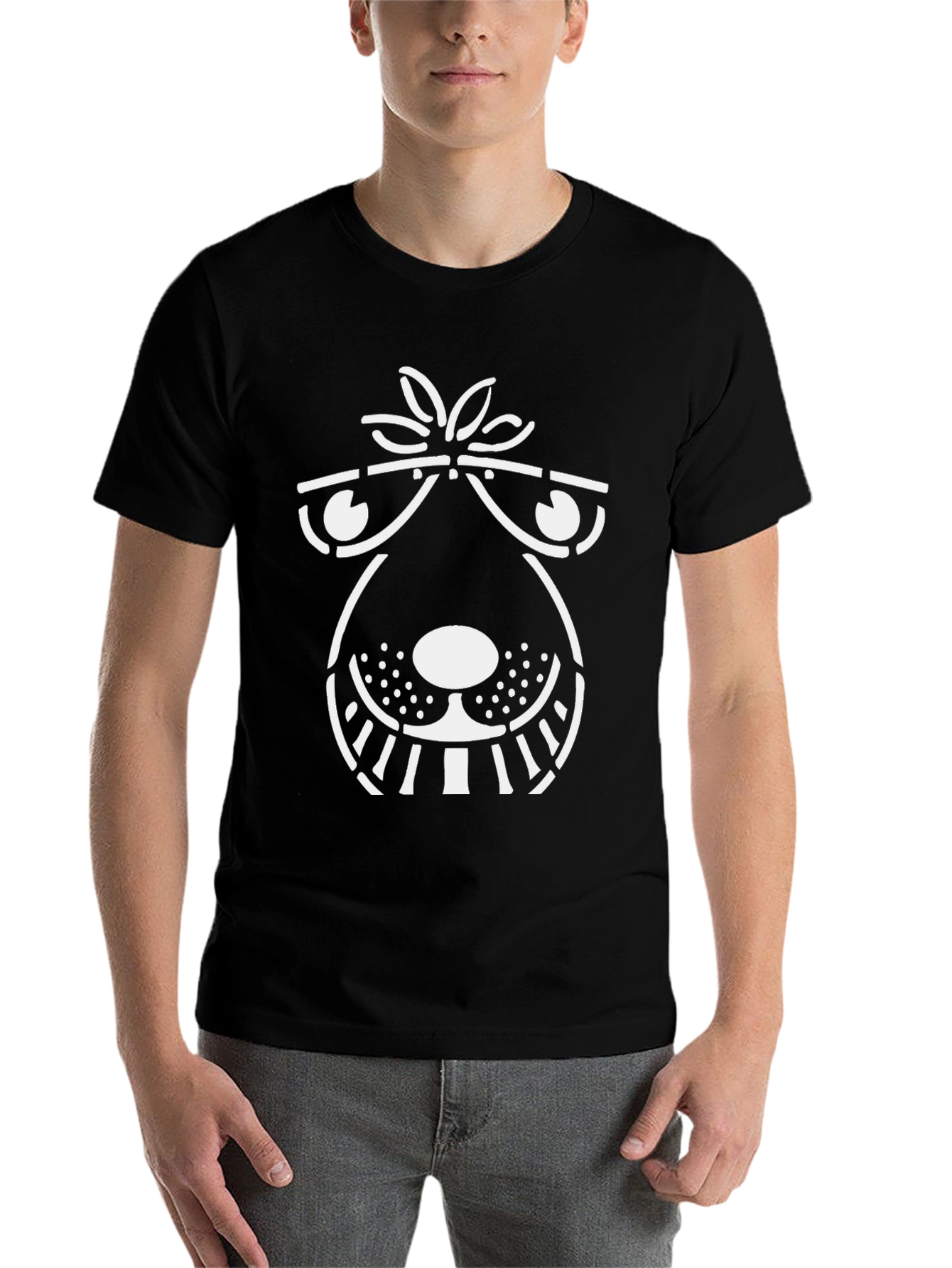 Black Funny Graphic Tee - Cartoon Dog Face - Black Cotton Shirt view 7