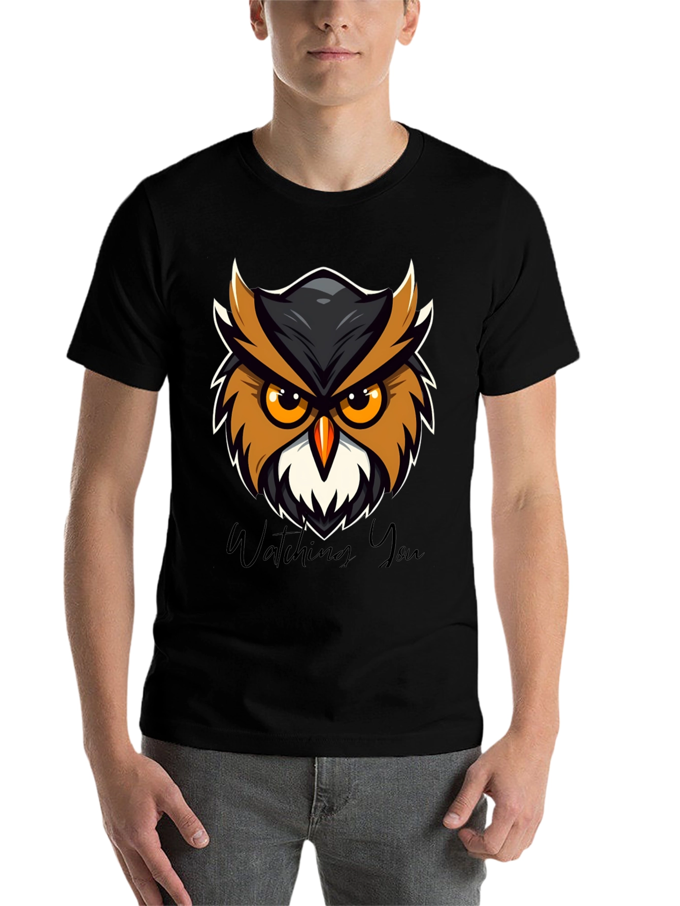 Black Men's Black Owl Graphic Tee - Watching You Design view 7
