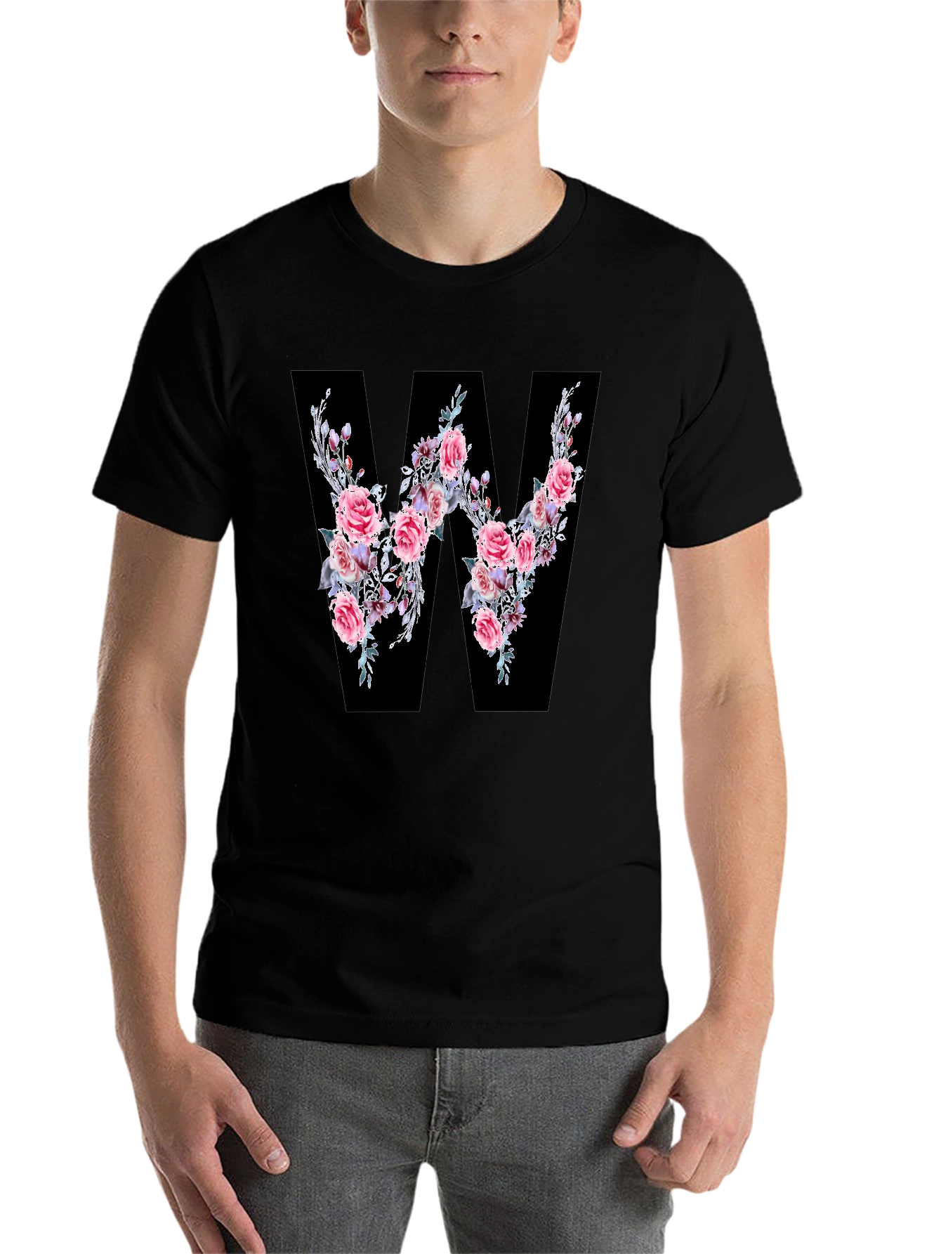 Black Floral Letter W Black T-Shirt view 7