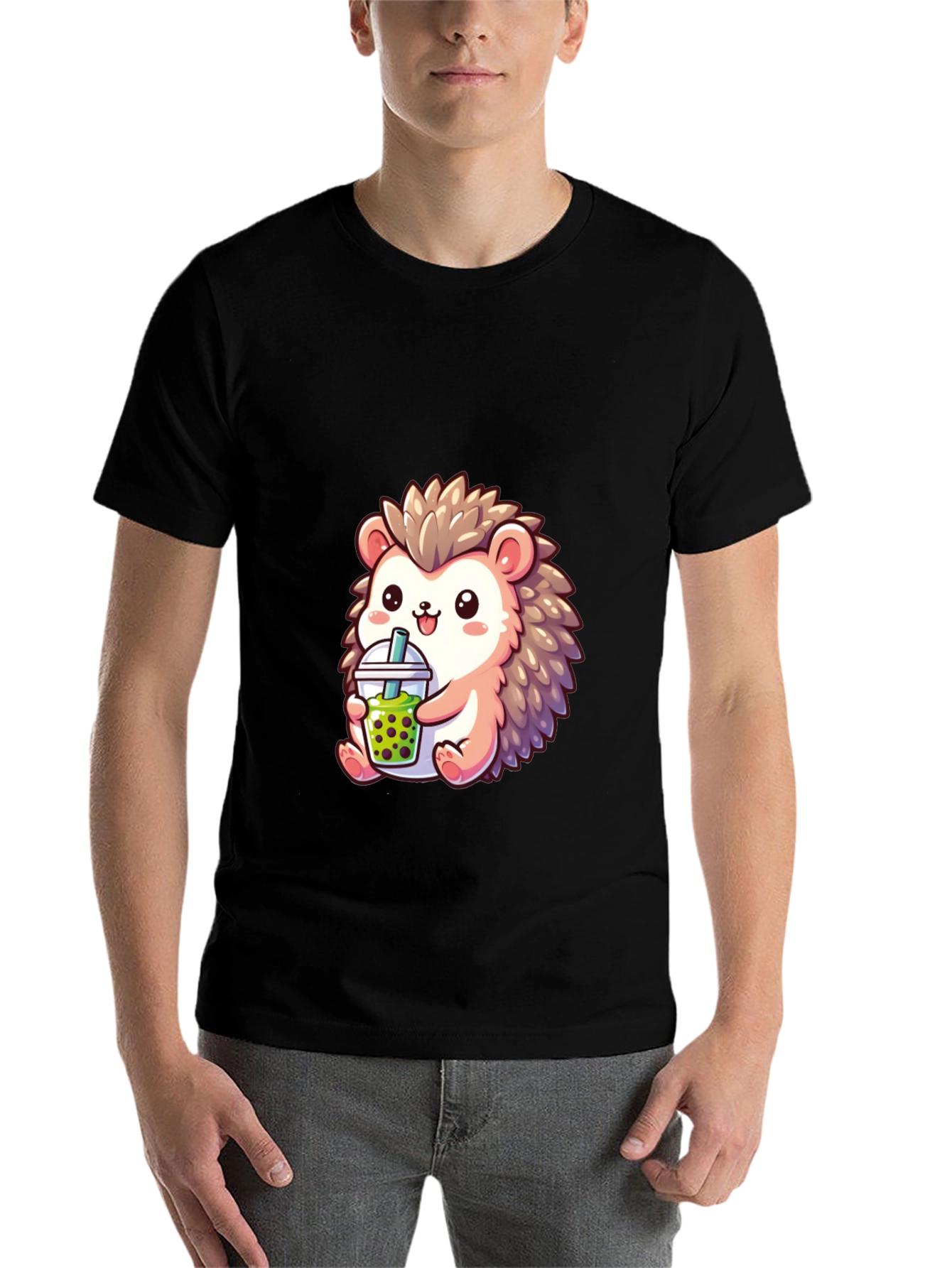 Black Cute Hedgehog Boba Tea Graphic Tee view 7