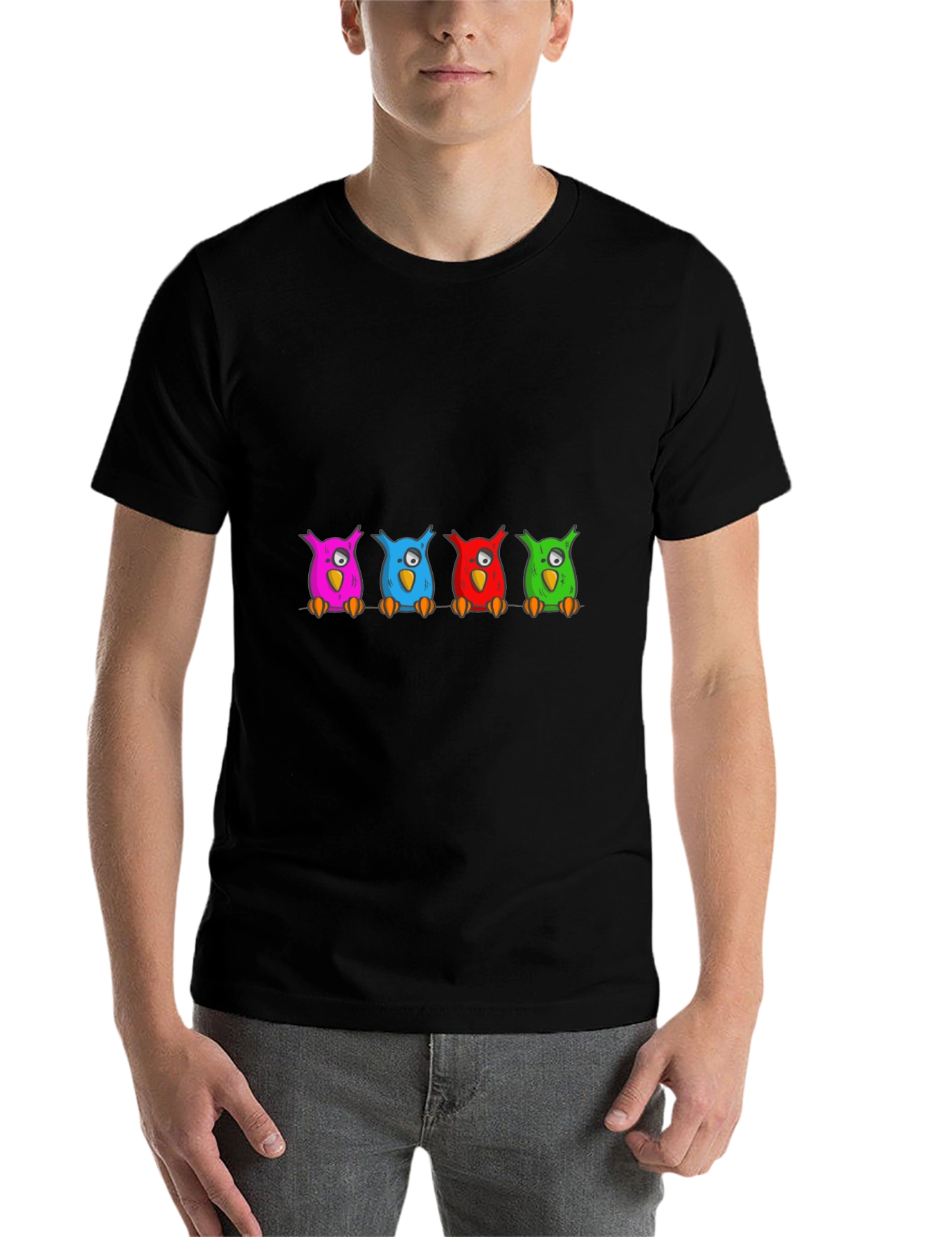 Black Colorful Cartoon Owls on a Branch T-Shirt view 7
