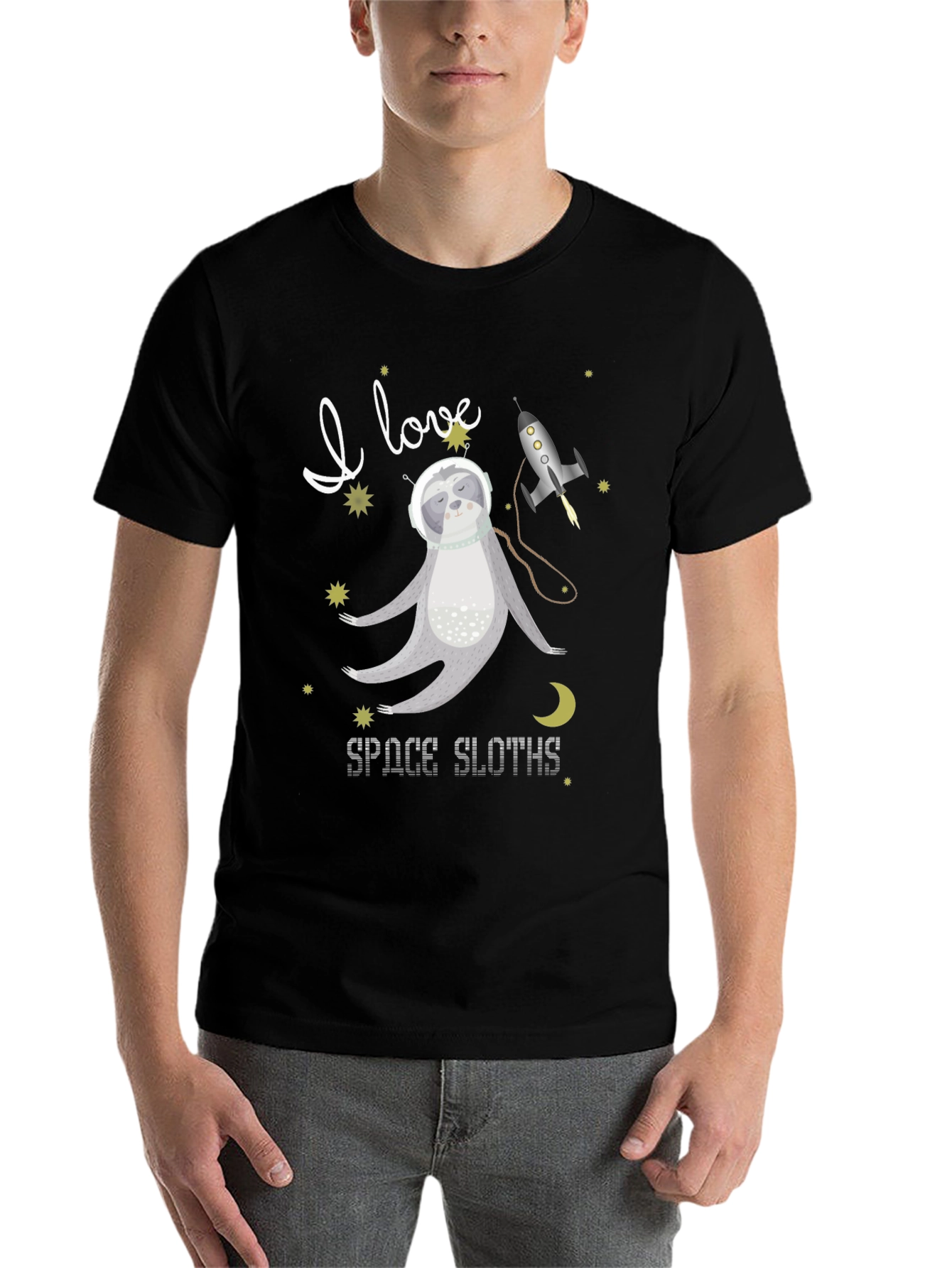 Black I Love Space Sloths Black T-Shirt view 7