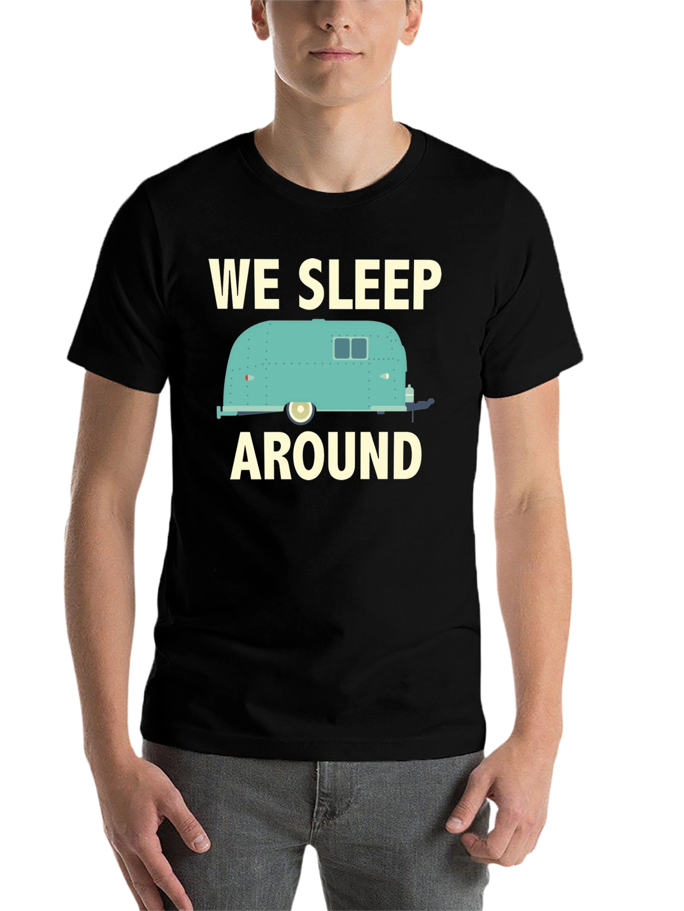 Black We Sleep Around Camper T-Shirt - Travel Adventure Tee view 7