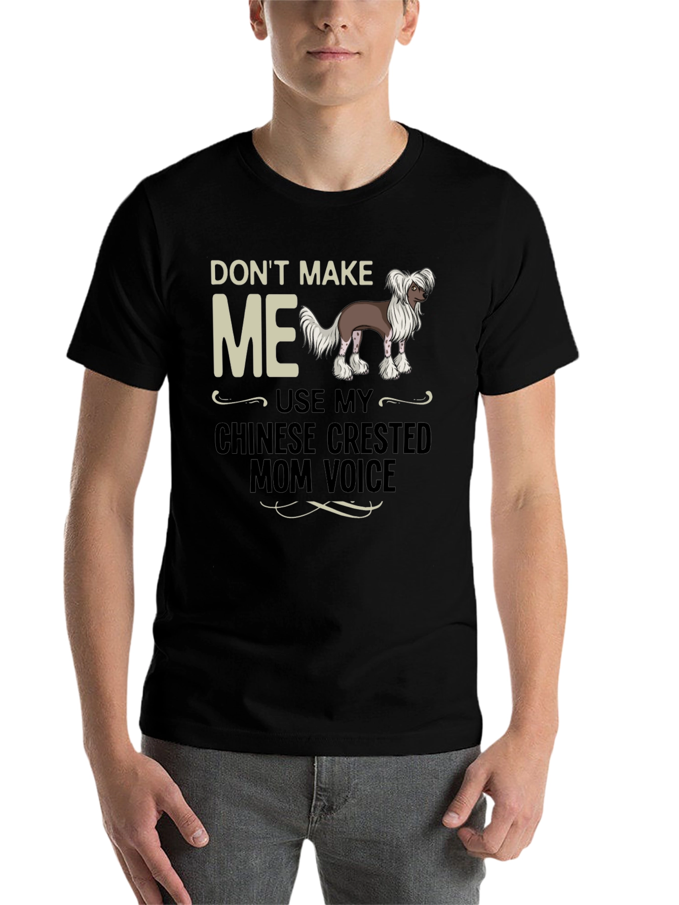 Black Chinese Crested Mom Voice T-Shirt view 7