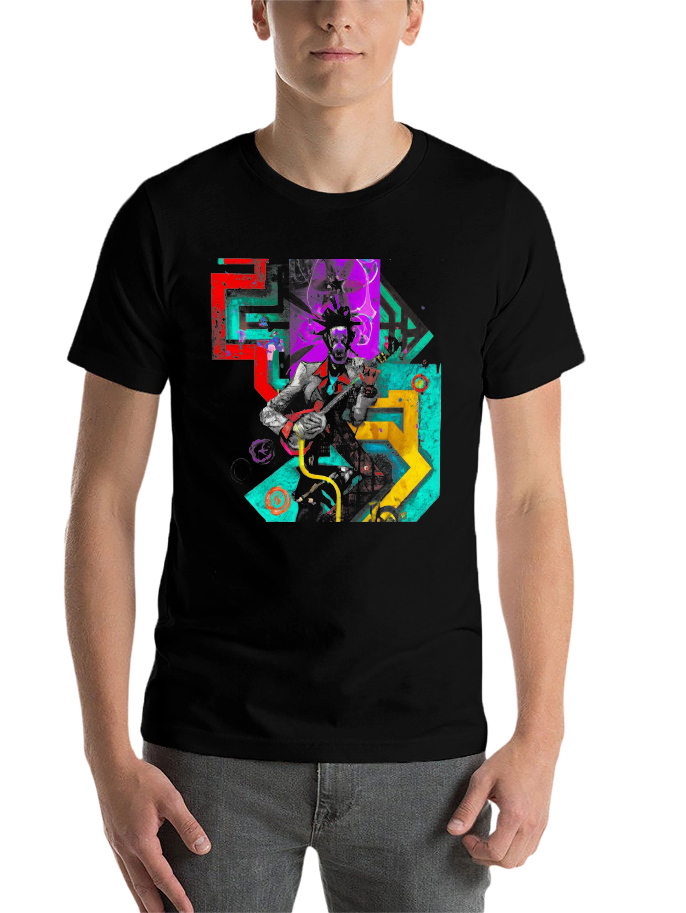 Black Abstract Musician Graphic Tee - Black Cotton Blend view 7