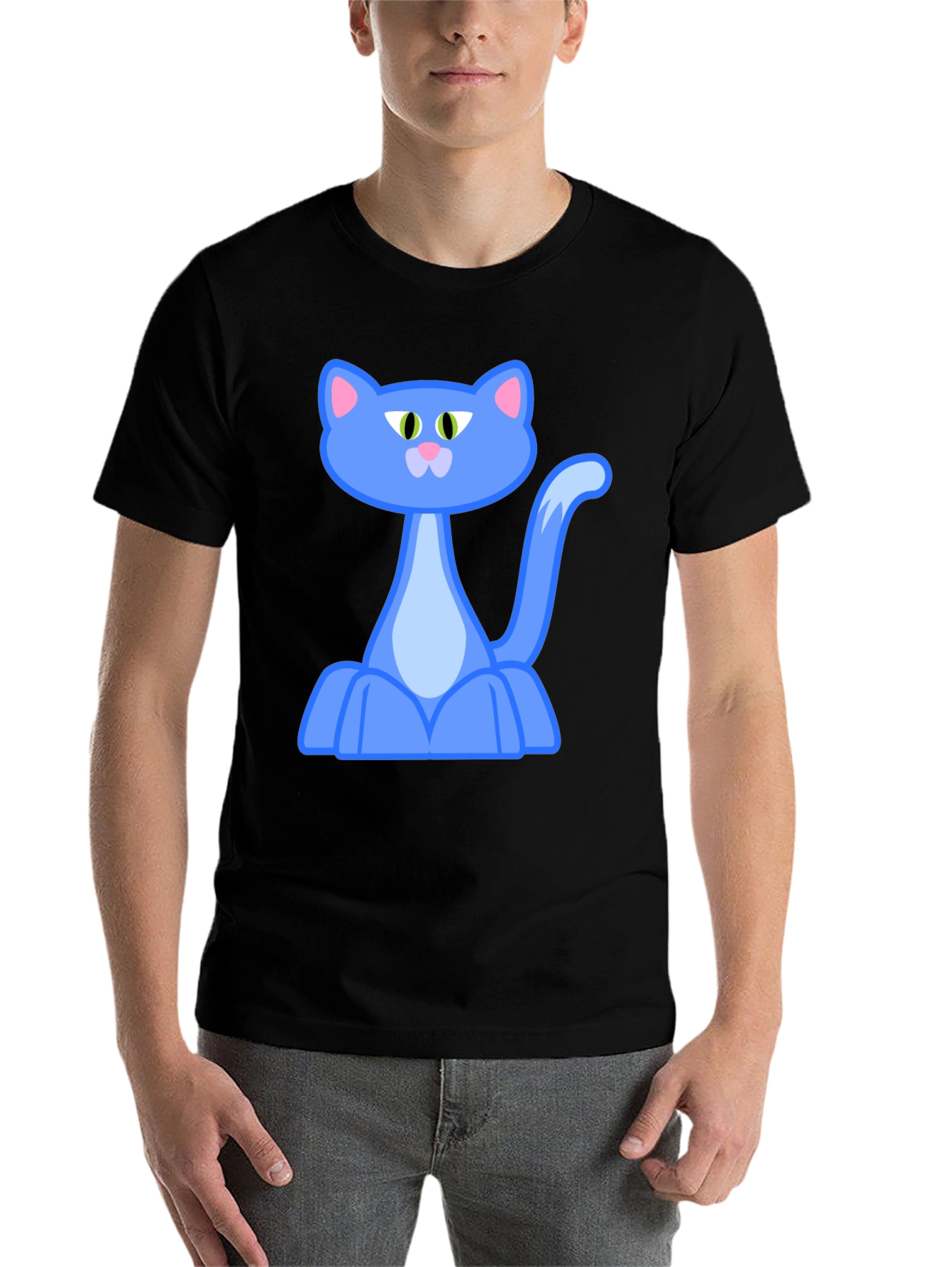 Black Blue Cartoon Cat Graphic Black T-Shirt view 7