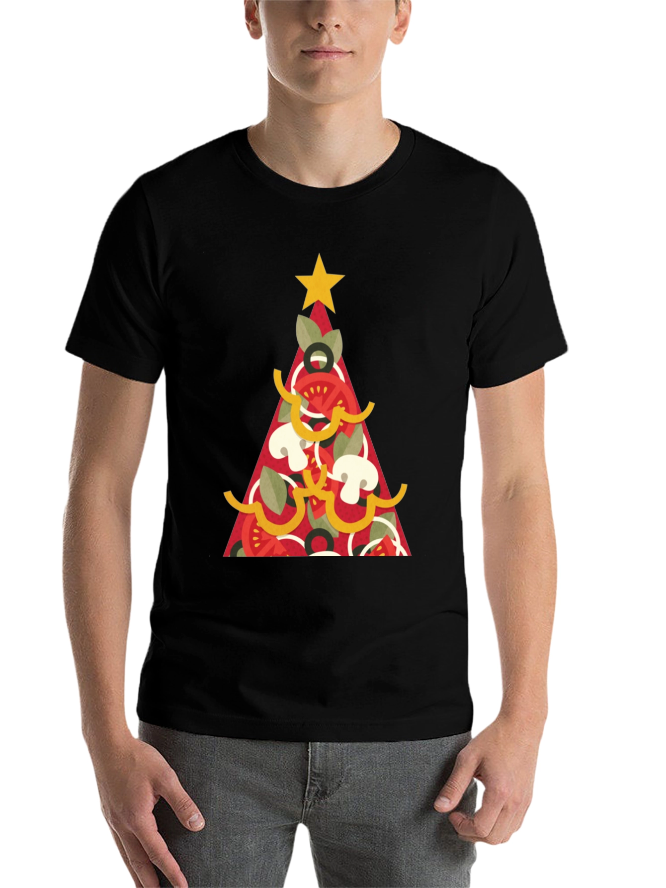 Black Pizza Christmas Tree Graphic Tee - Holiday Apparel view 7