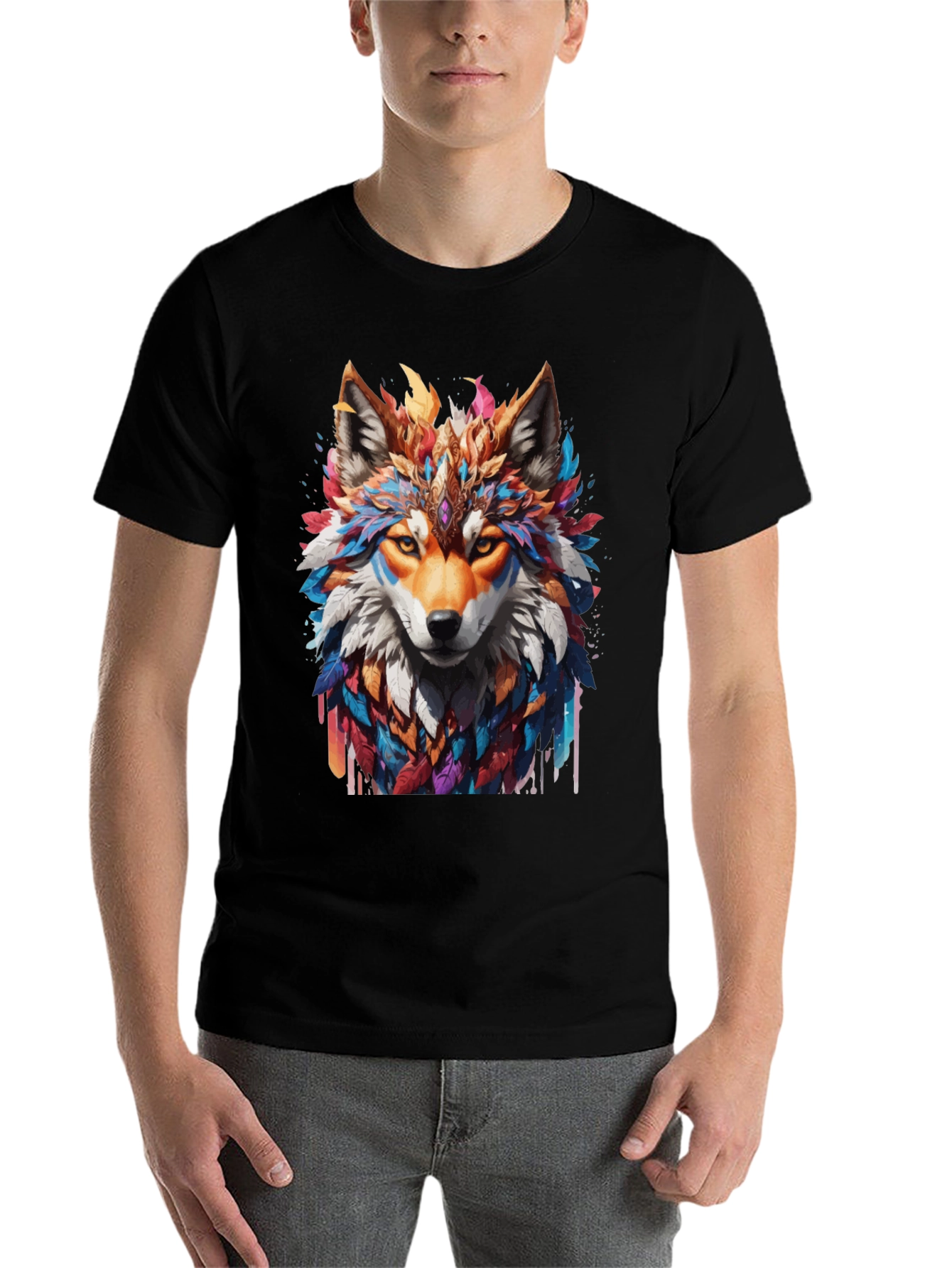 Black Colorful Wolf Graphic T-Shirt view 7