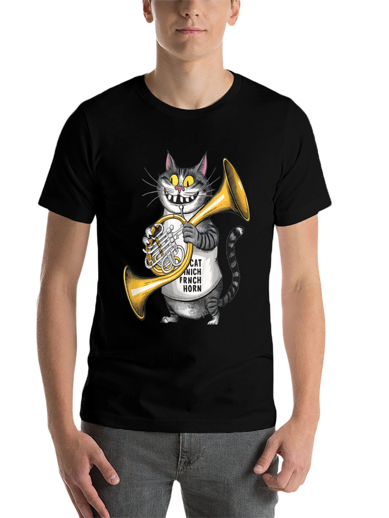 Black Funny Cat French Horn Player T-Shirt view 7