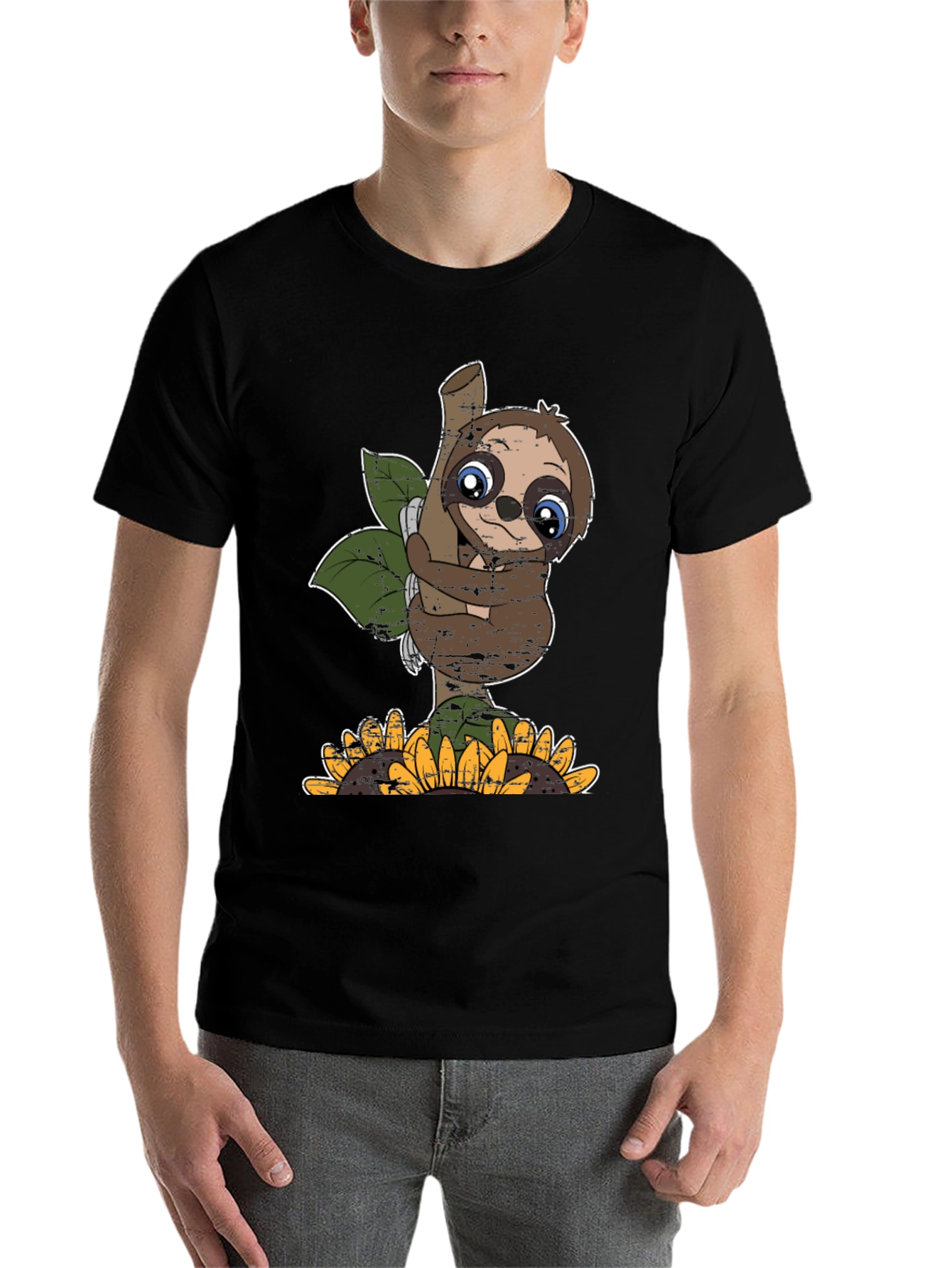 Black Cute Sloth Sunflower Graphic Tee view 7
