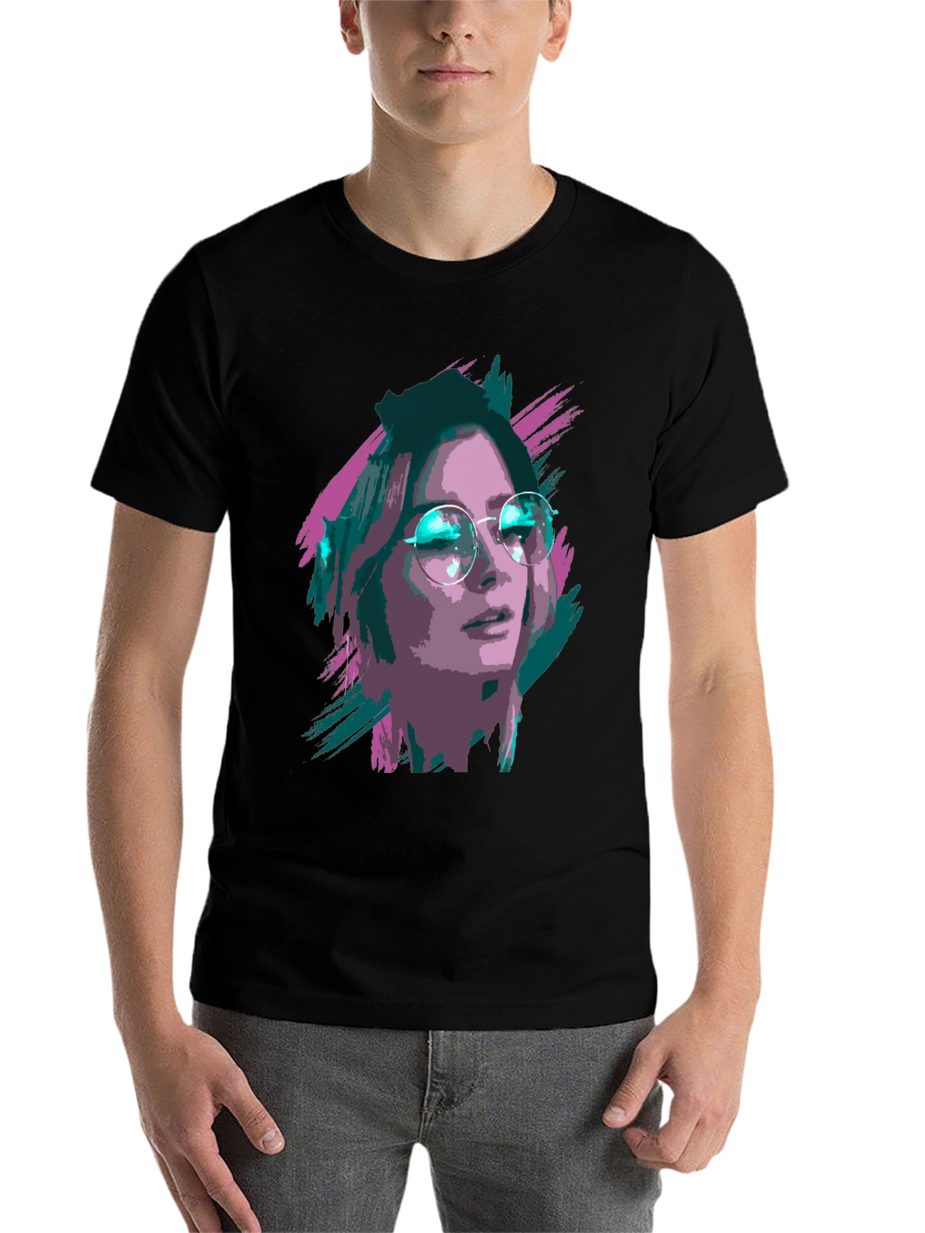 Black Stylish Graphic T-Shirt - Woman with Glasses Print view 7