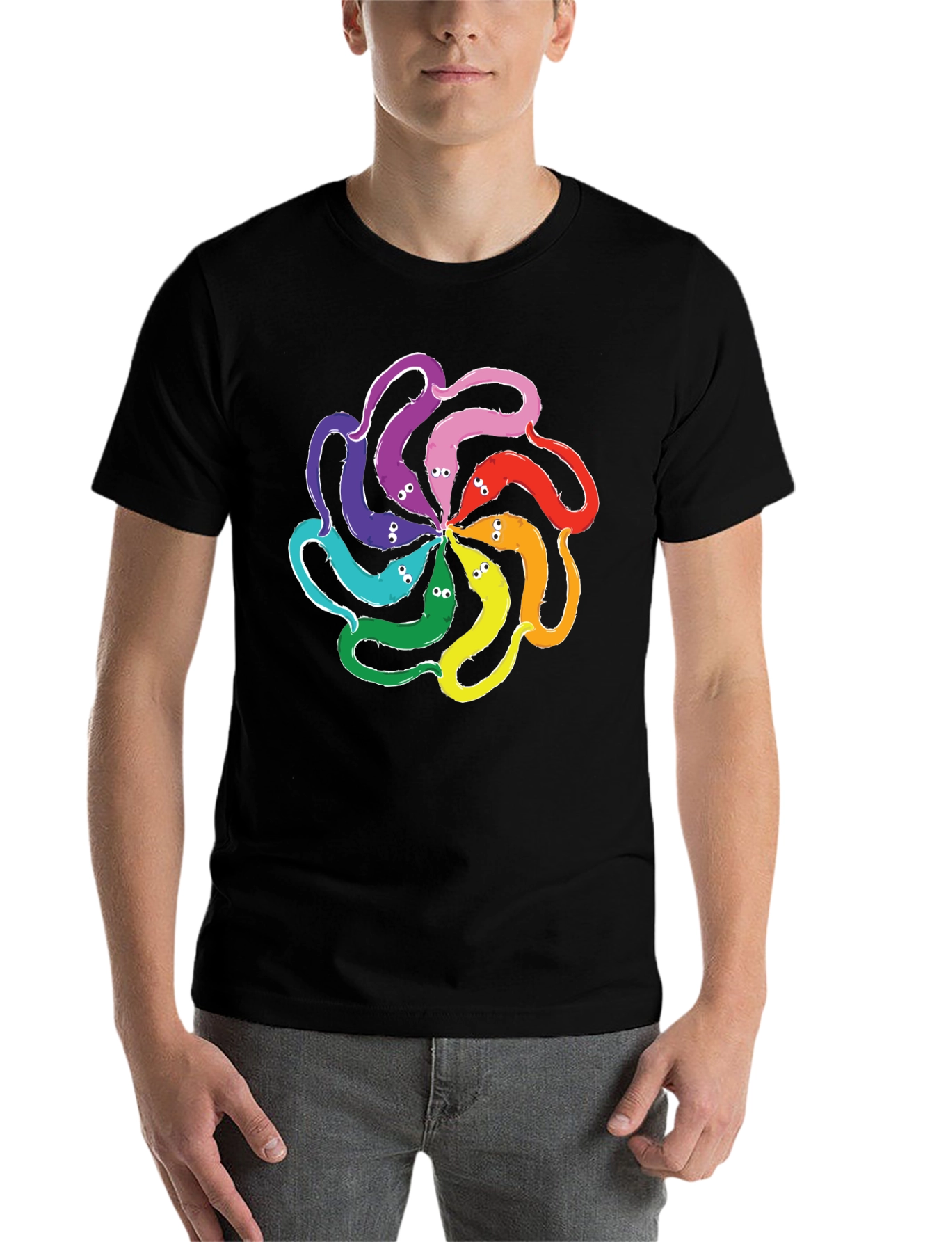 Black Colorful Worms On A String T-Shirt view 7