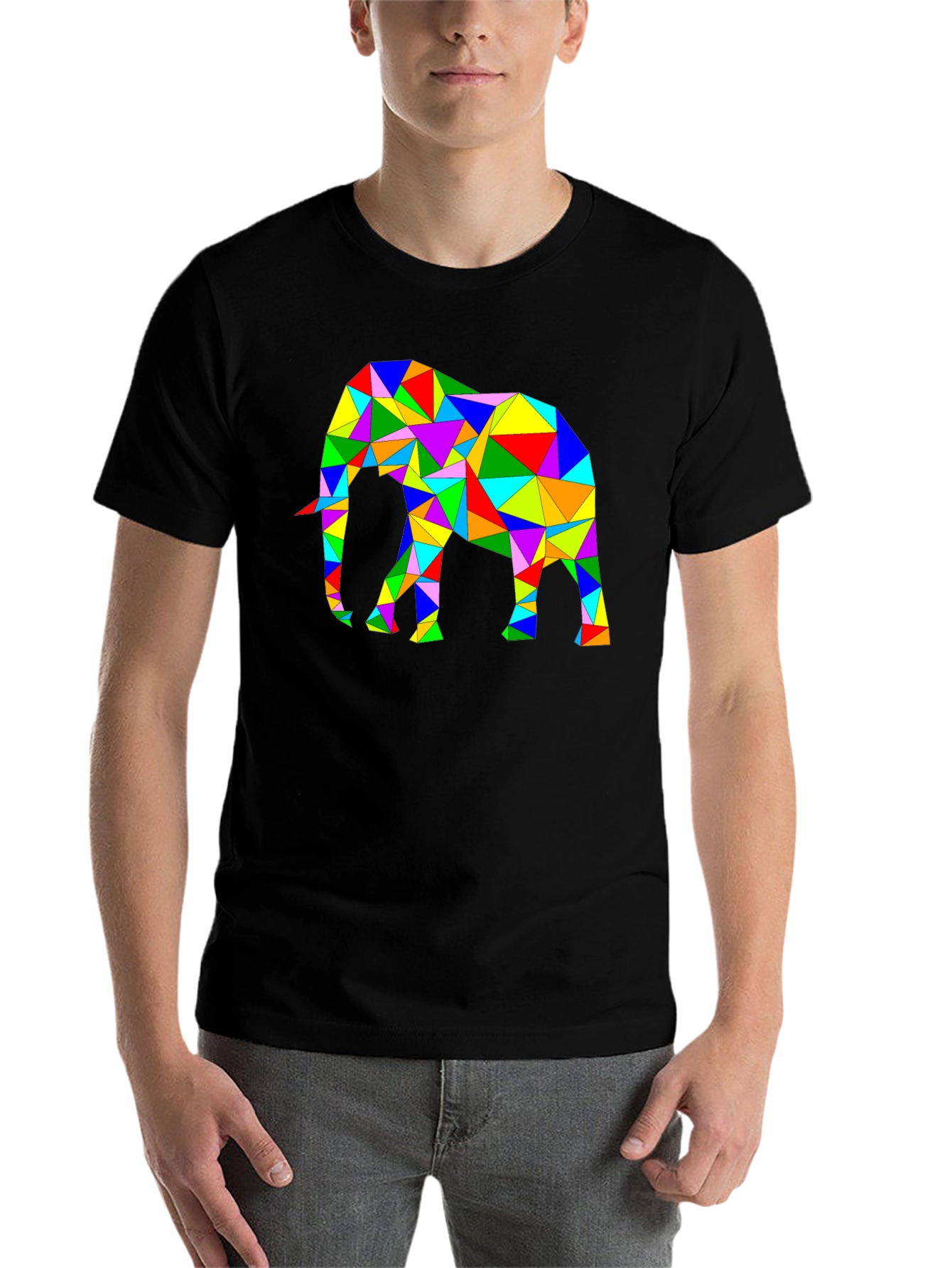 Black Geometric Elephant Tee - Colorful Animal Art Shirt view 7