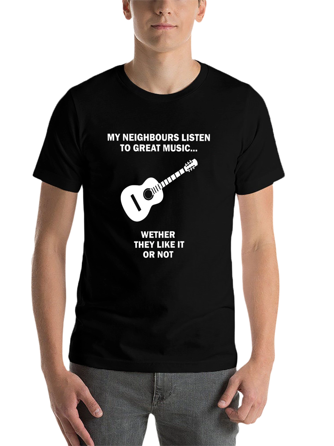Black My Neighbors Listen to Great Music Guitar T-Shirt view 7