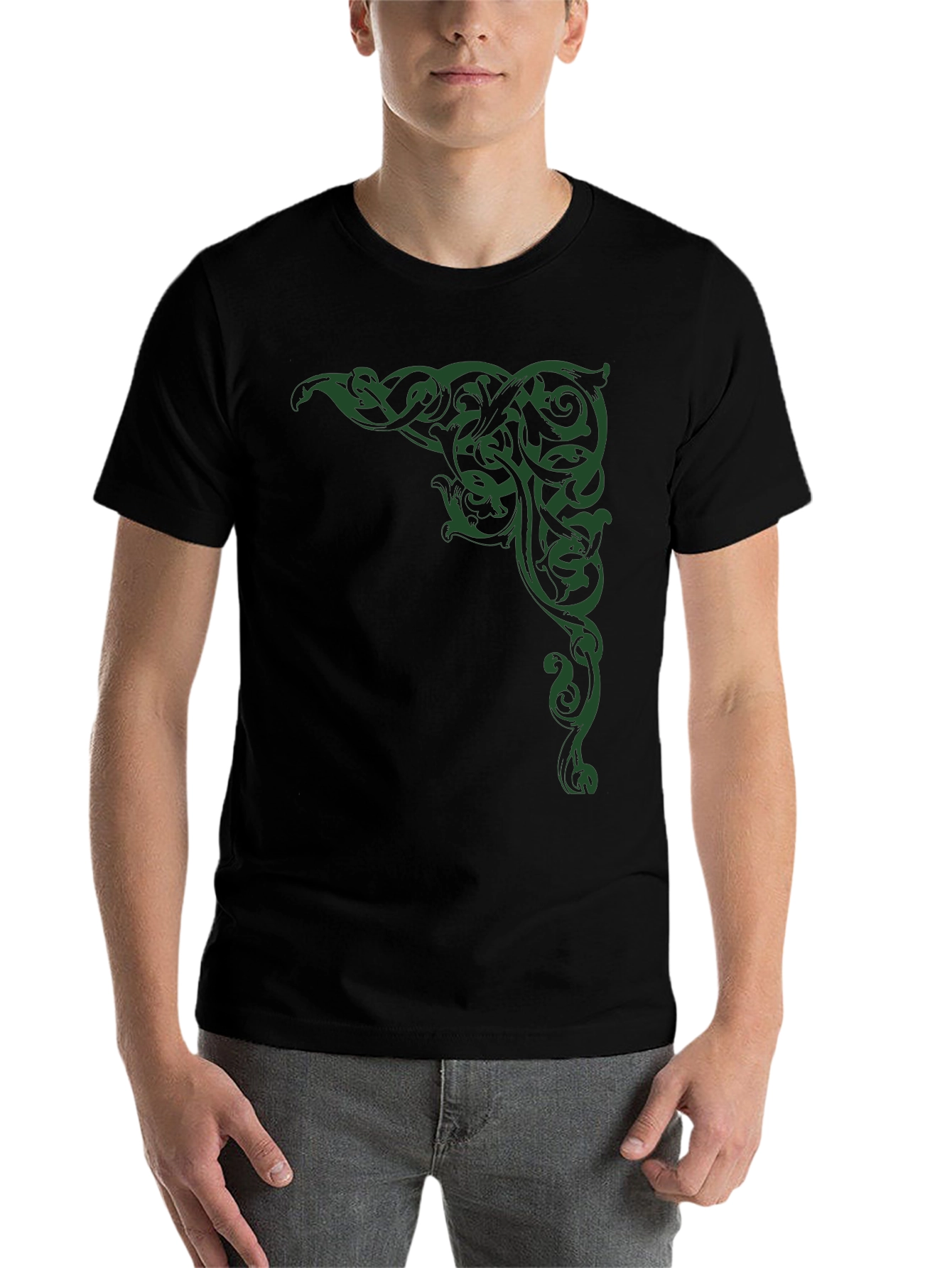 Black Men's Black T-Shirt with Green Celtic Corner Design view 7