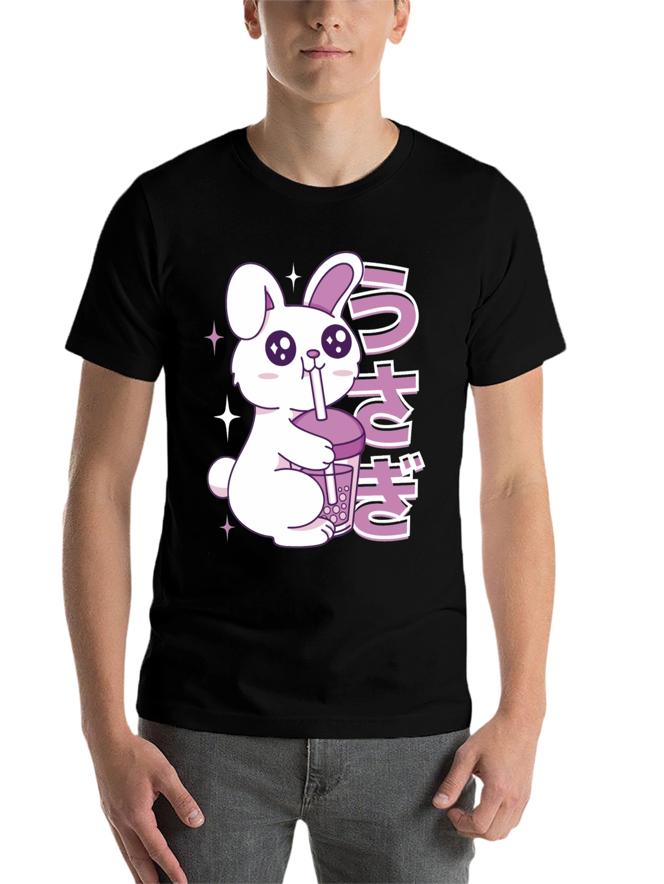 Black Kawaii Rabbit Boba Tea Graphic T-Shirt view 7