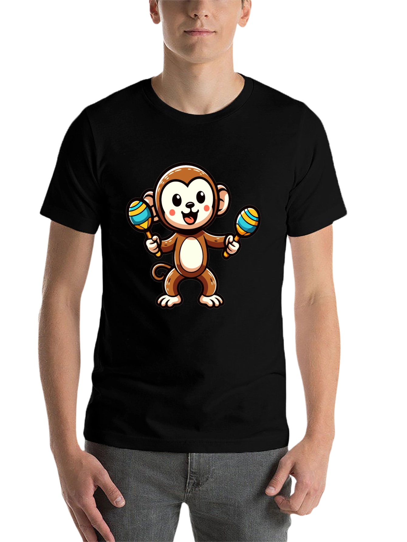 Black Cartoon Monkey with Maracas Graphic Tee view 7