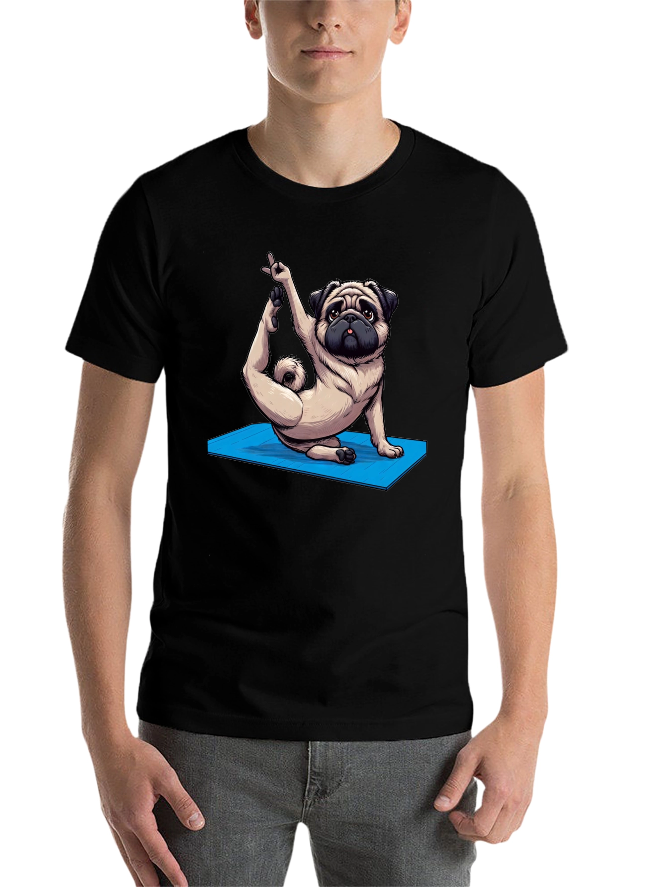 Black Yoga Pug Graphic Tee - Men's Black T-Shirt view 7