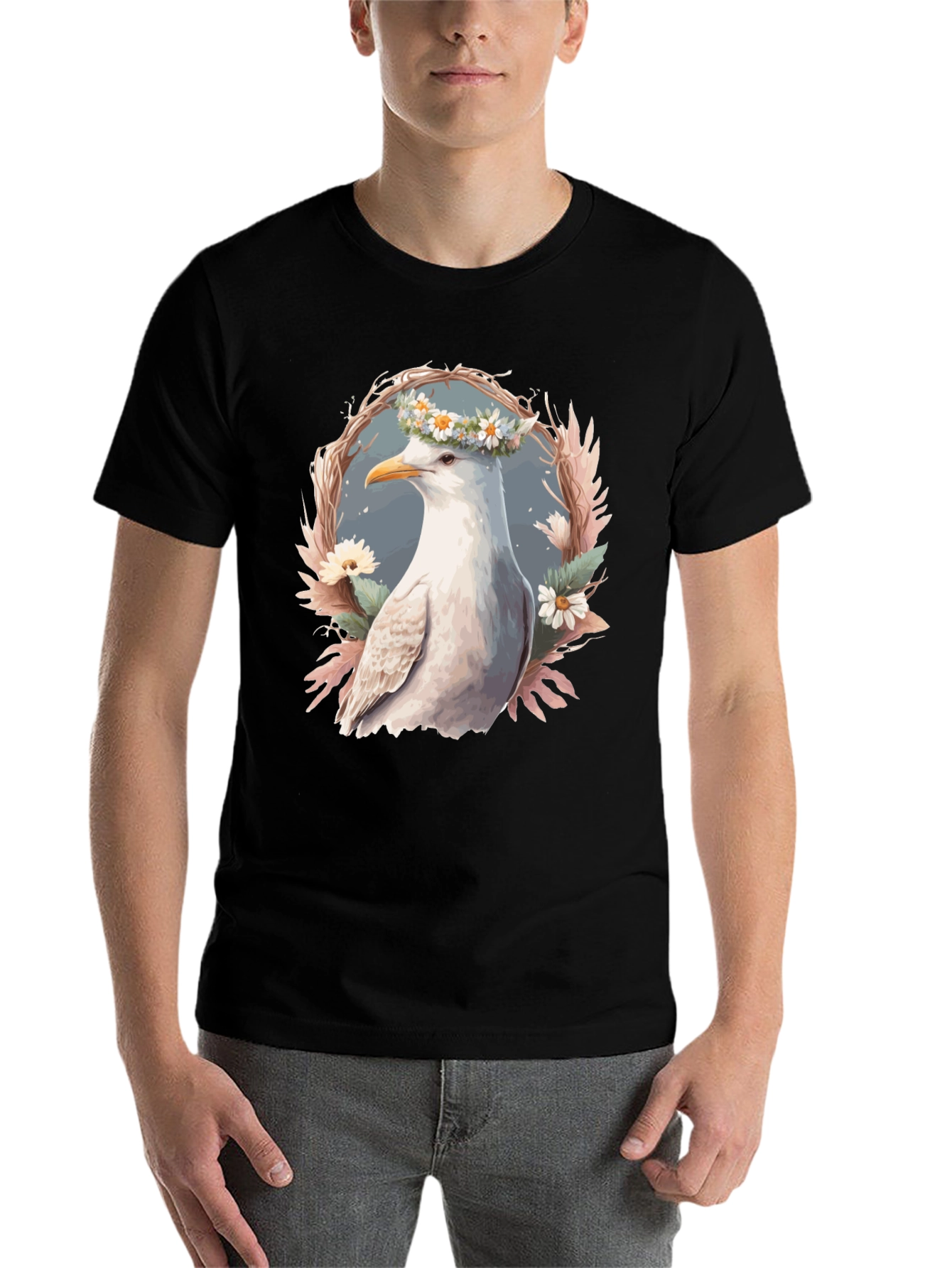 Black Seagull Floral Wreath Graphic Tee view 7