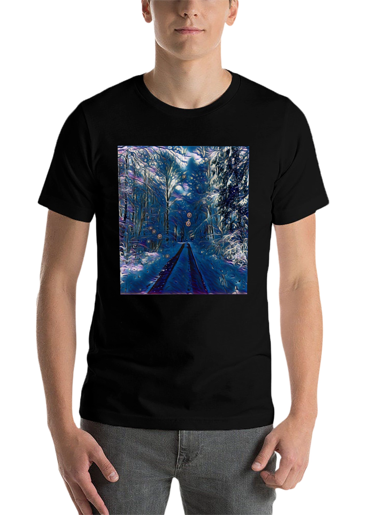 Black Winter Forest Art Graphic Tee - Black Cotton Blend view 7
