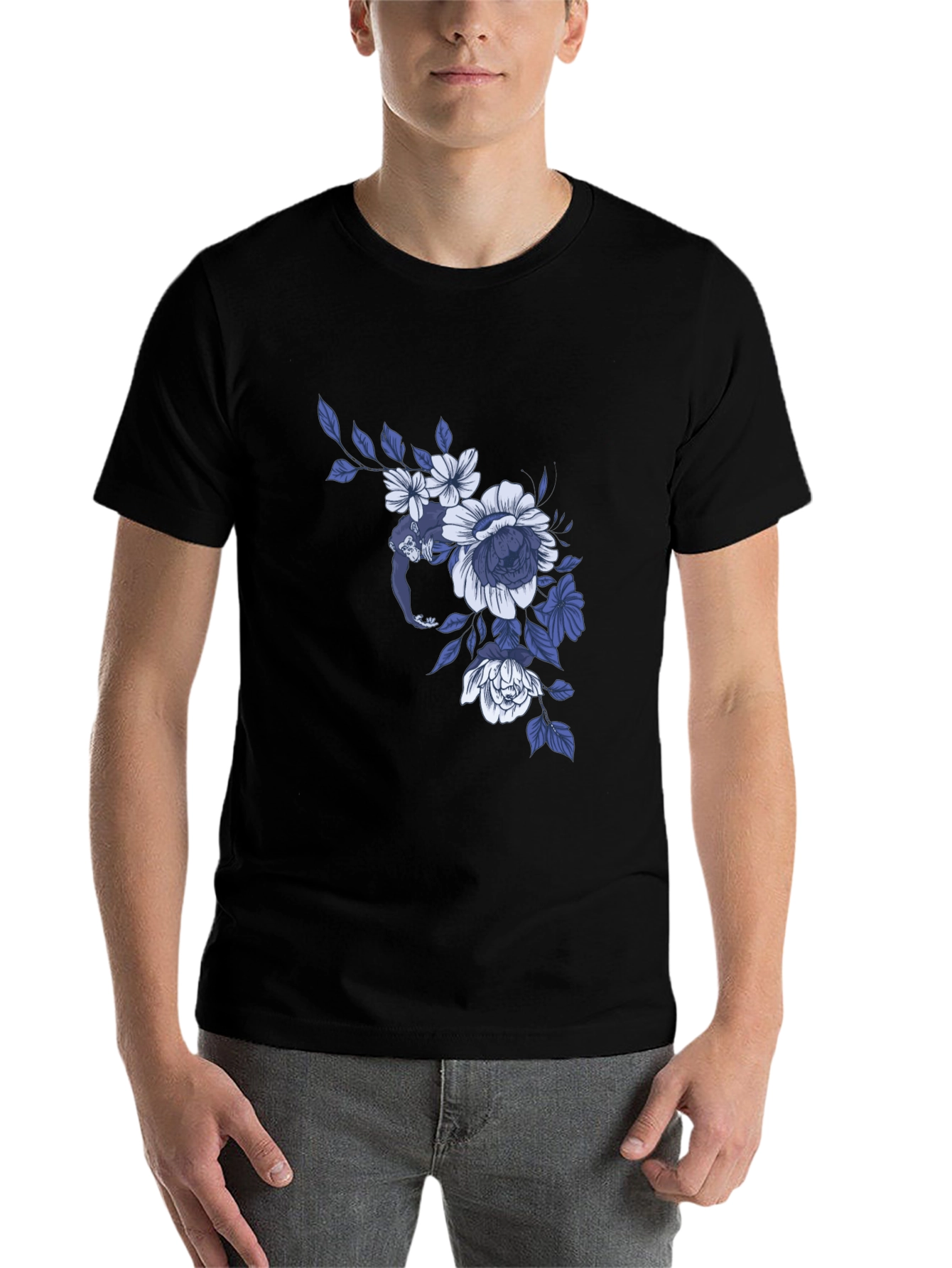 Black Floral Monkey Graphic Tee - Modern Casual Style view 7