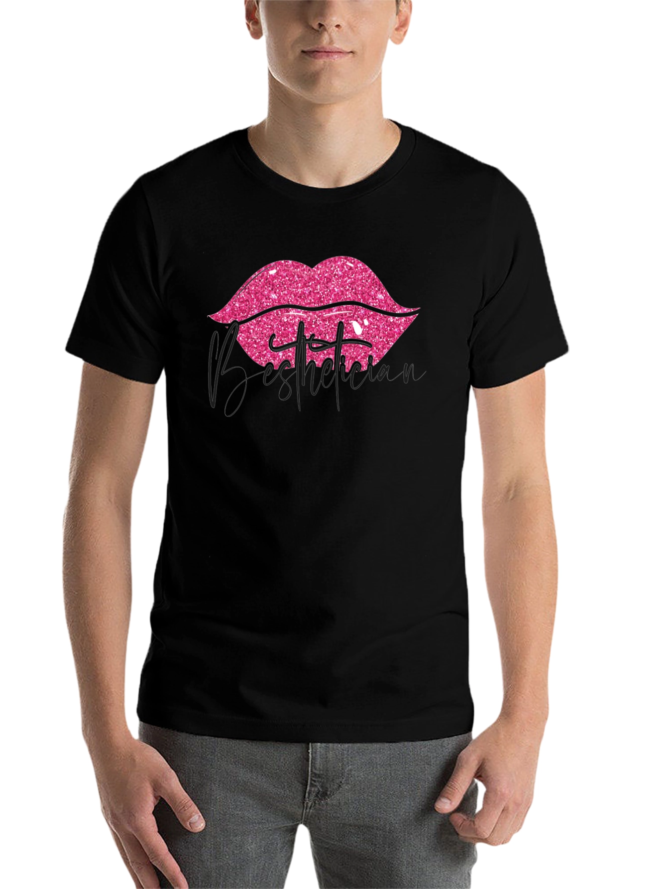 Black Pink Glitter Lips Graphic Black T-Shirt view 7