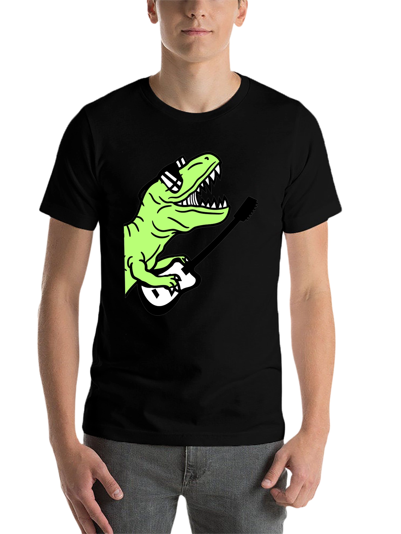 Black Cool Dinosaur Guitar Player Graphic T-Shirt view 7