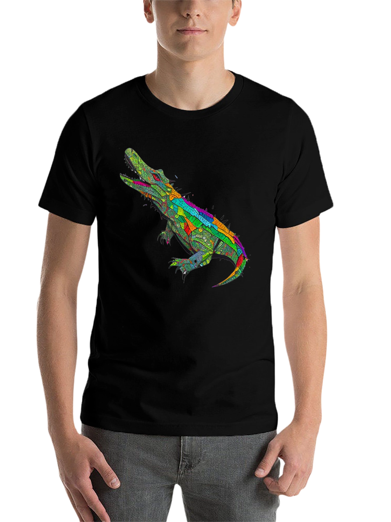 Black Colorful Crocodile Graphic Tee - Black Cotton T-Shirt view 7