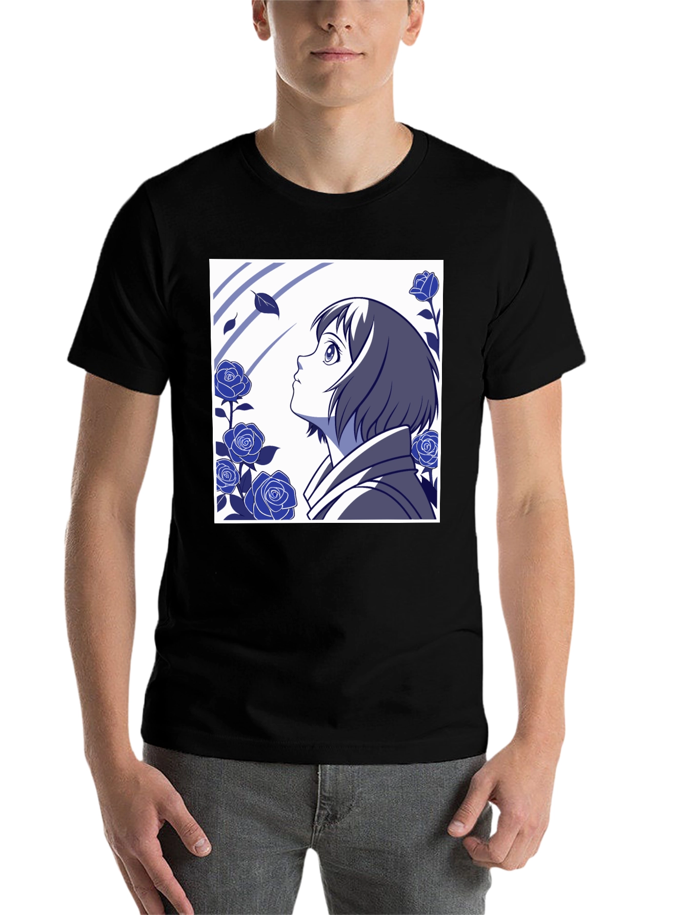 Black Anime Girl & Roses Graphic Tee - Stylish Black T-Shirt view 7