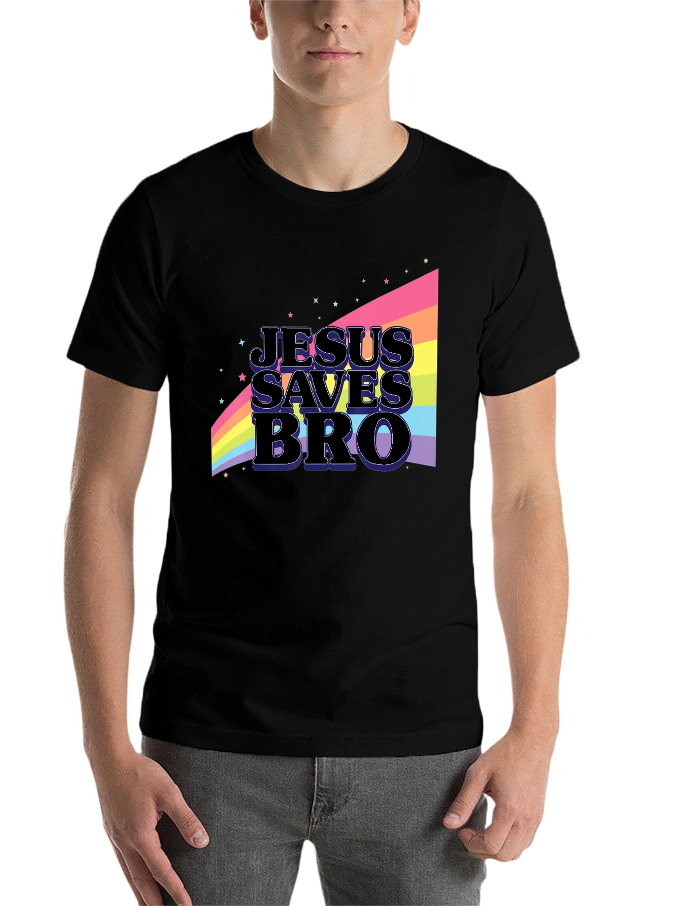 Black Jesus Saves Bro Rainbow Graphic T-Shirt view 7
