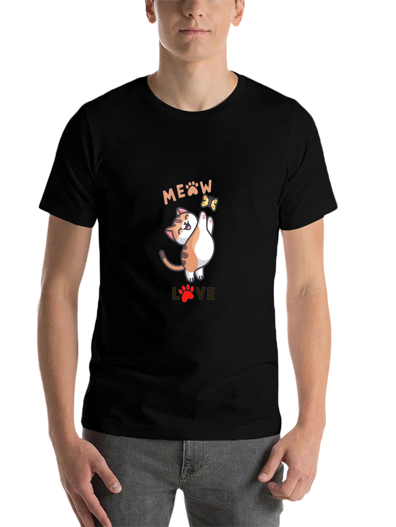 Black Cute Meow Love Cat Graphic Black T-Shirt view 7