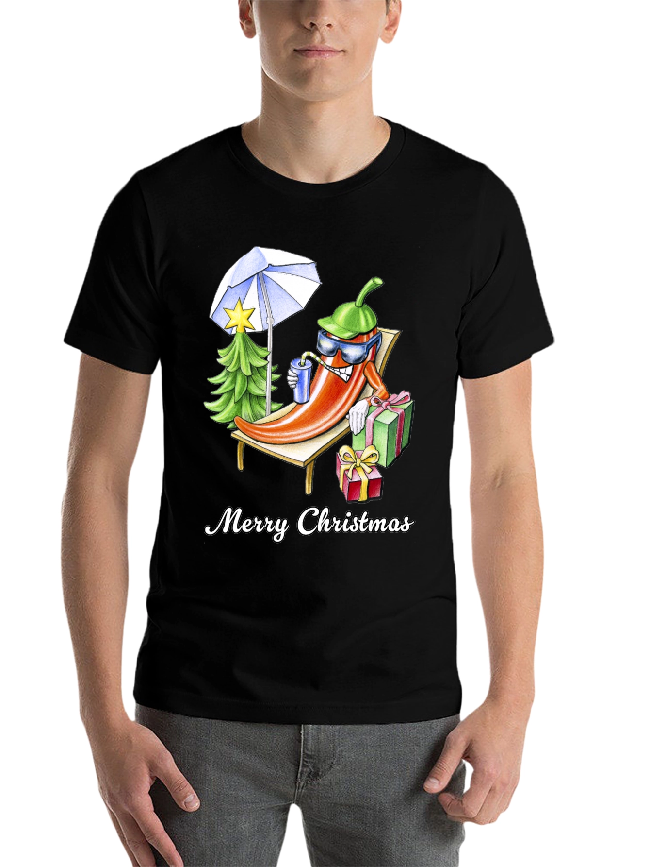 Black Holiday Heat T-Shirt: Merry Christmas Pepper Design view 7