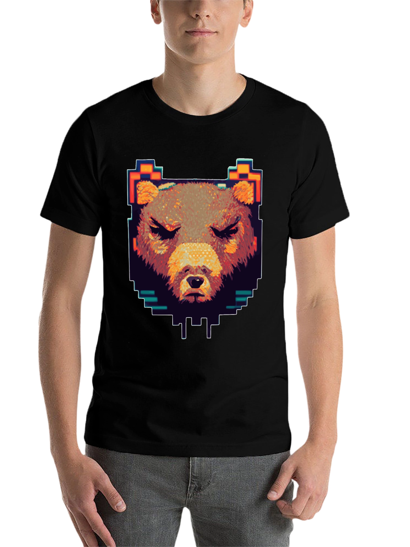 Black Pixel Bear Graphic T-Shirt - Black Crew Neck view 7