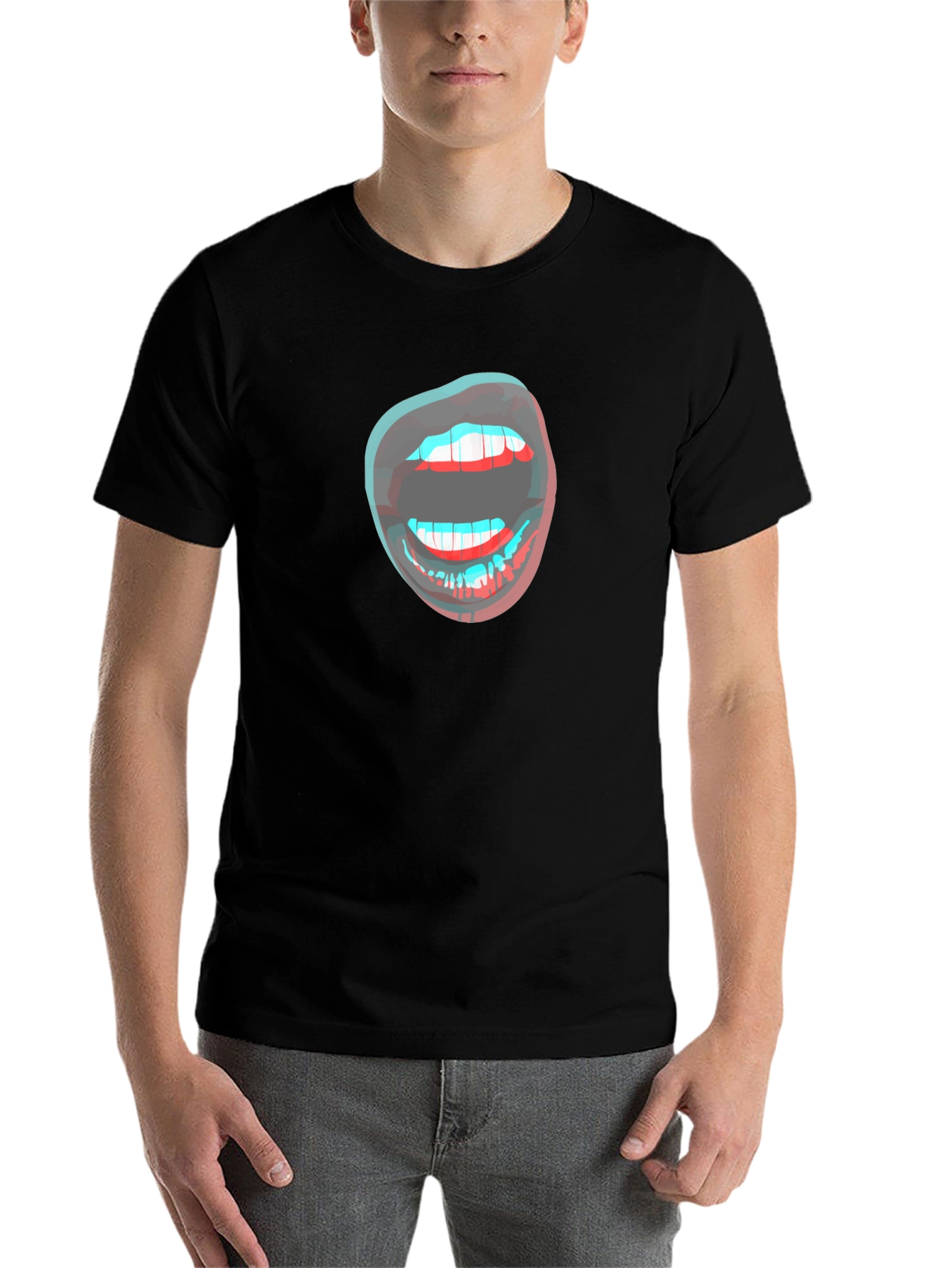 Black 3D Lips Graphic Black T-Shirt view 7