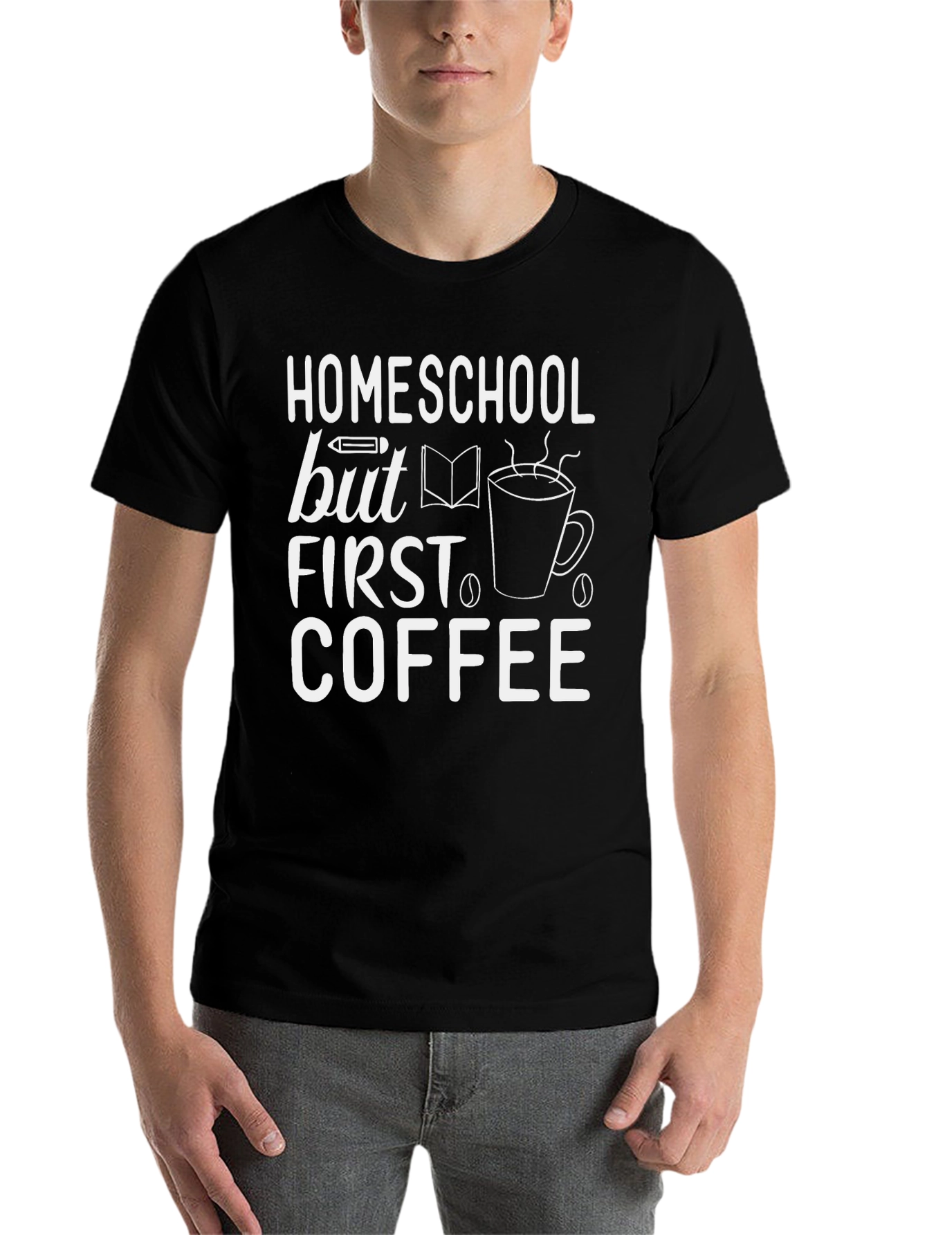 Black Homeschool But First Coffee T-Shirt view 7