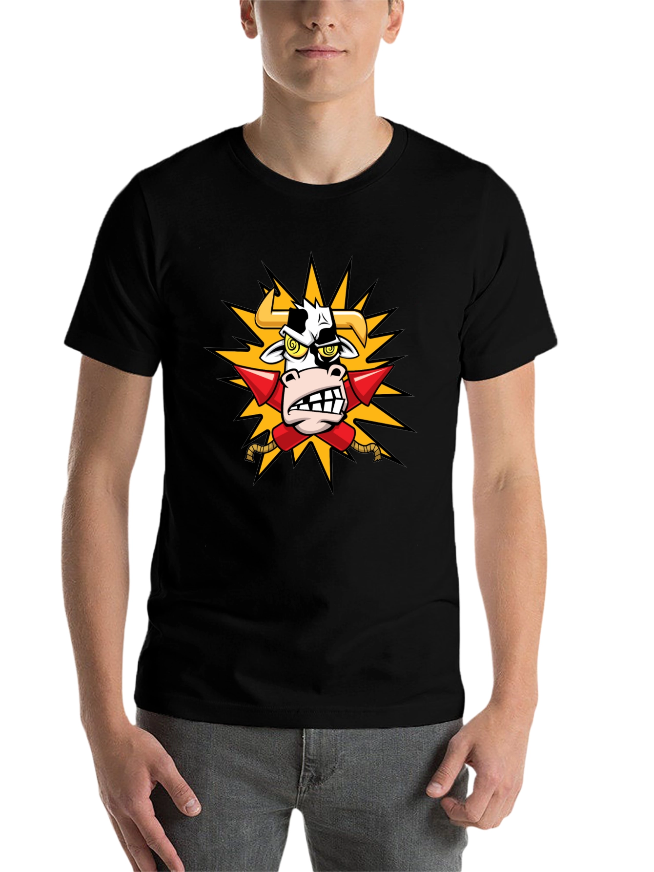 Black Cow with Rockets T-Shirt - Funny Cartoon Tee view 7