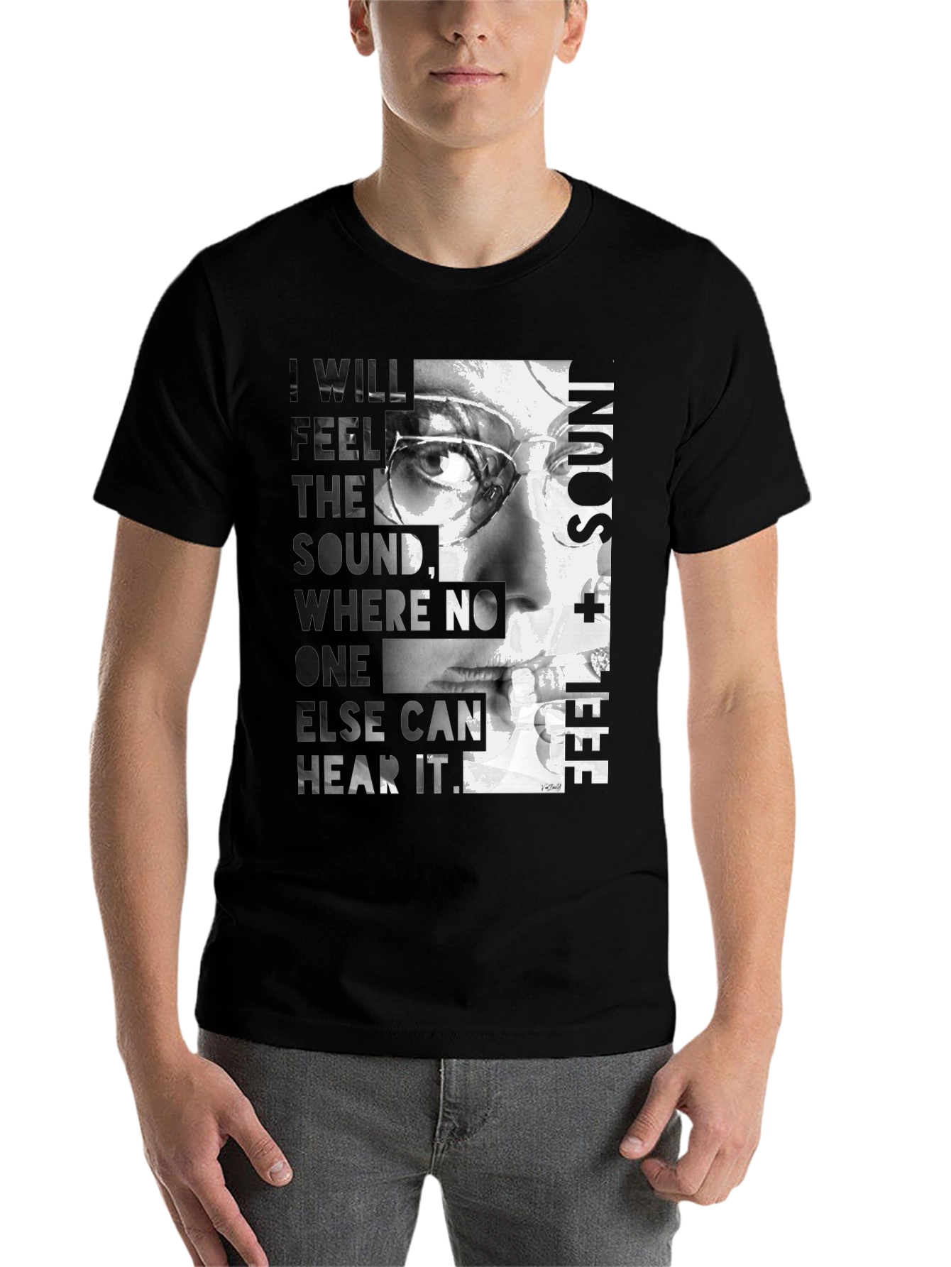 Black Artistic Graphic T-Shirt - Feel the Sound Design view 7