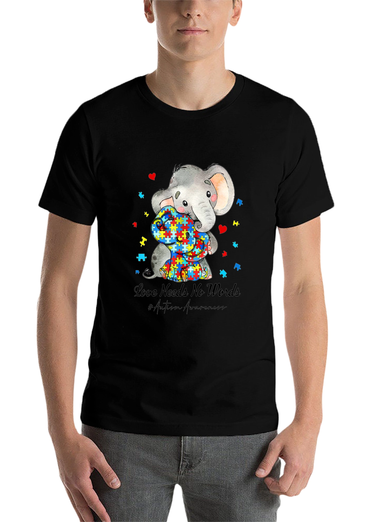 Black Autism Awareness Elephant Love Needs No Words T-Shirt view 7