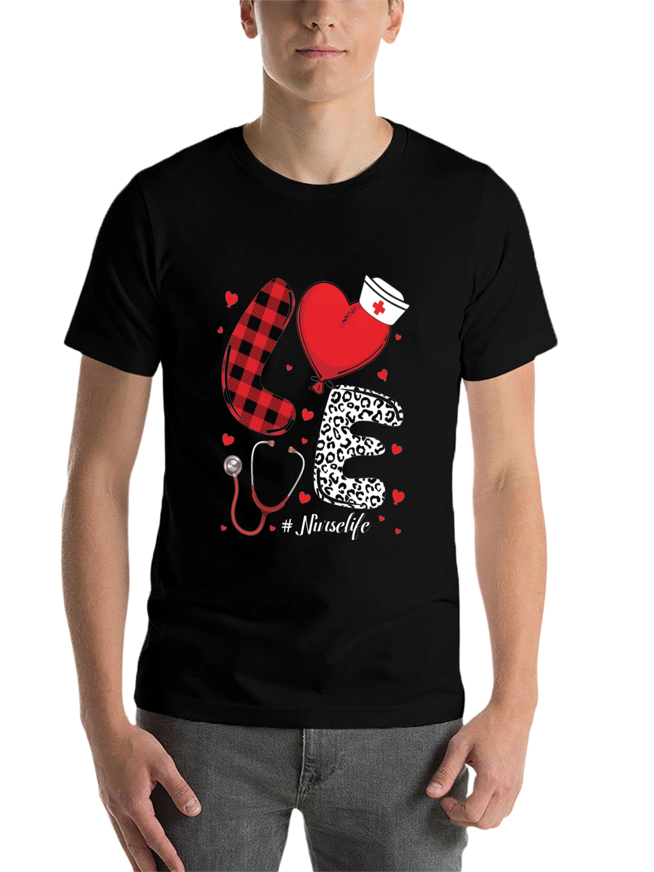 Black Nurse Life Love Graphic T-Shirt - Heart, Stethoscope, Pattern Design view 7