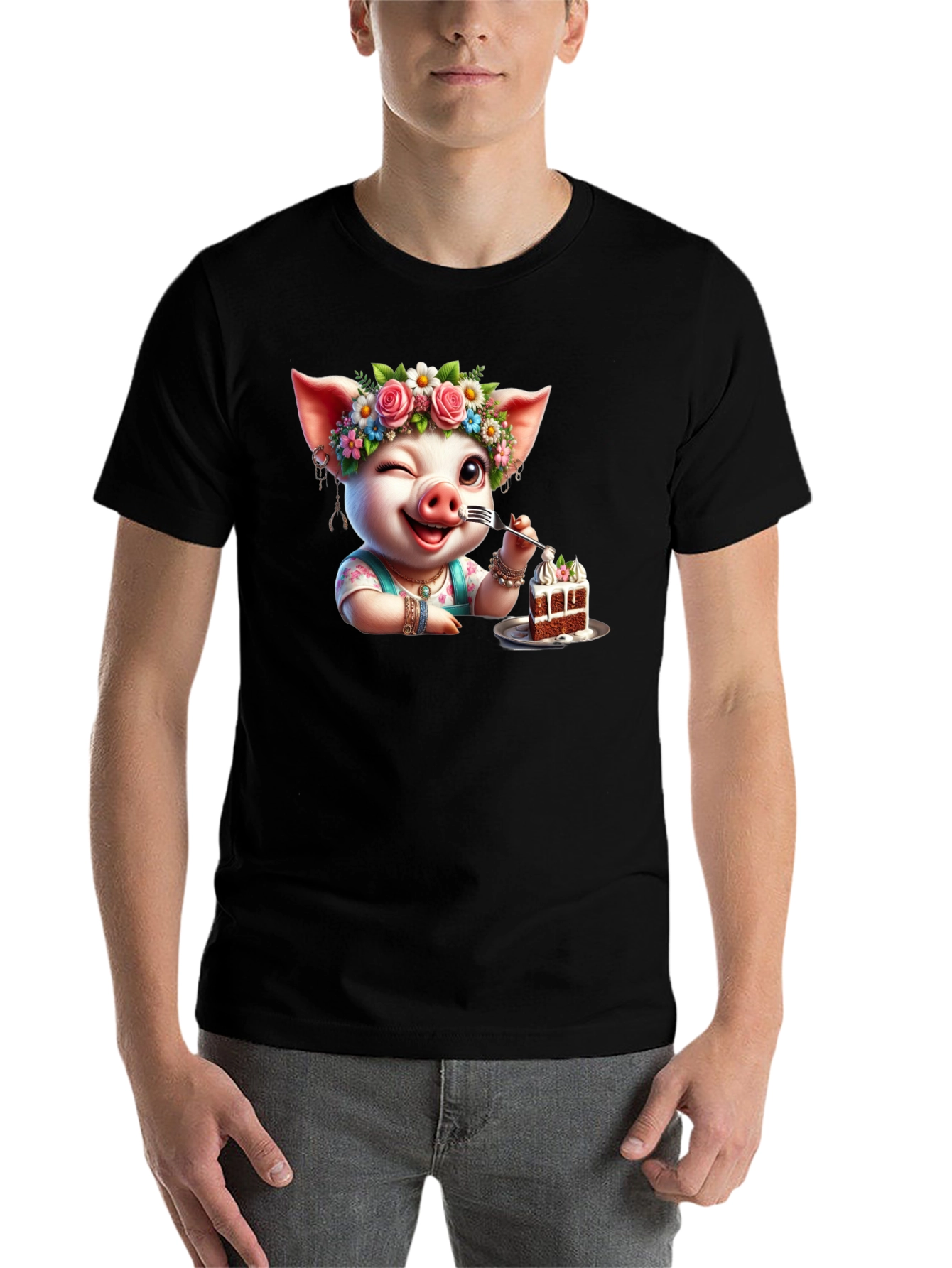 Black Pig with Flowers & Cake T-Shirt - Unisex view 7
