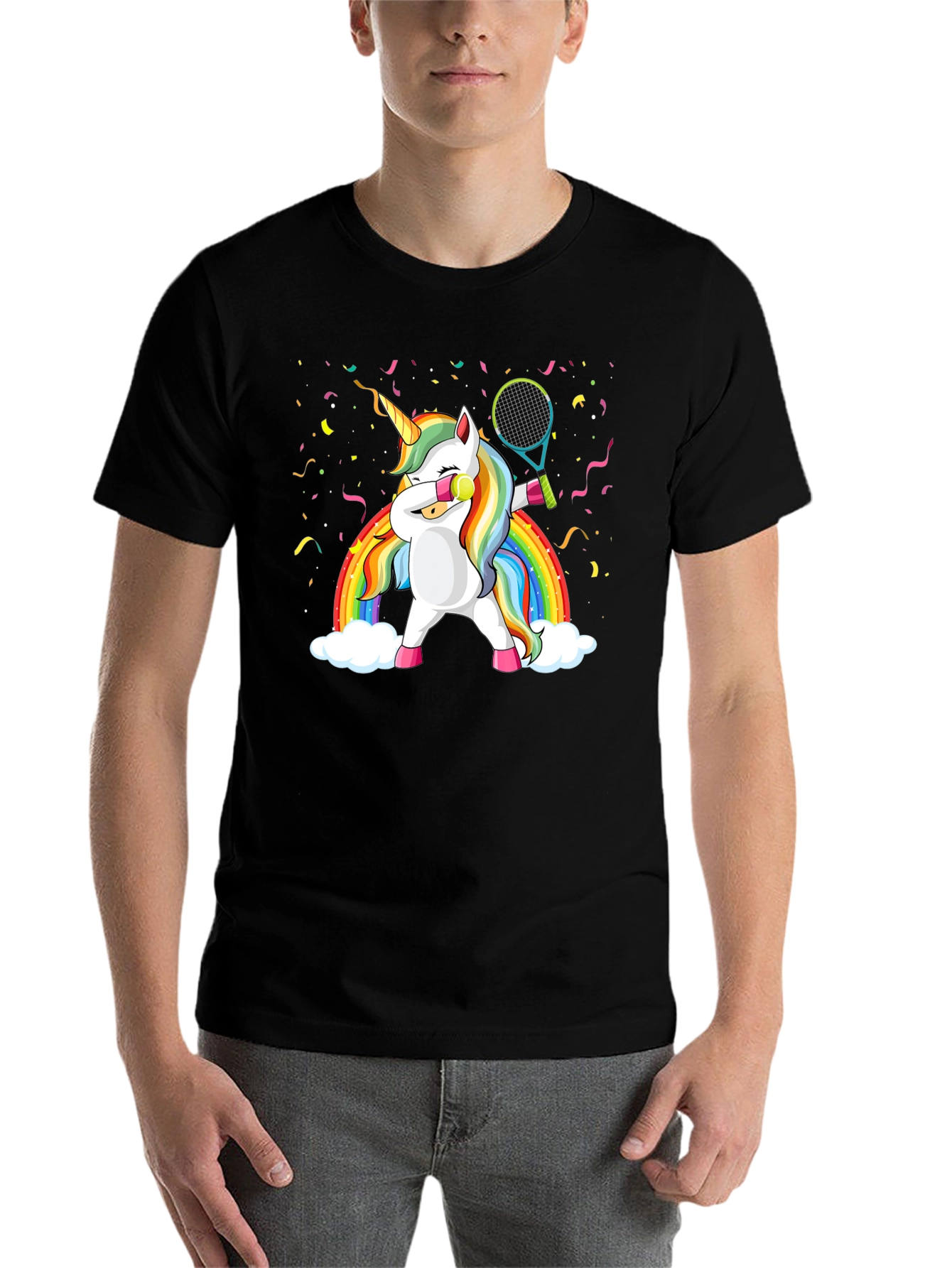 Black Dabbing Unicorn Tennis Rainbow Graphic T-Shirt view 7