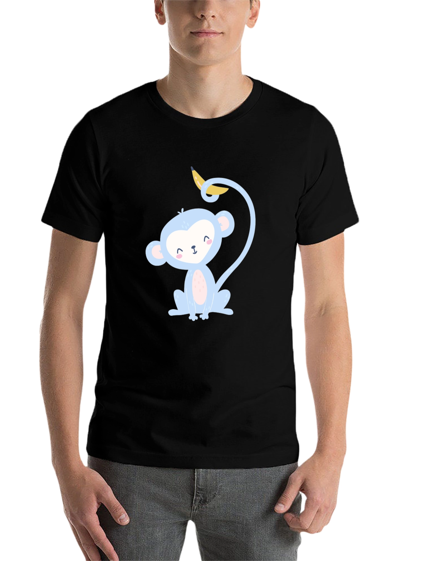 Black Cute Monkey Banana T-Shirt -  Playful Cartoon Graphic Tee view 7