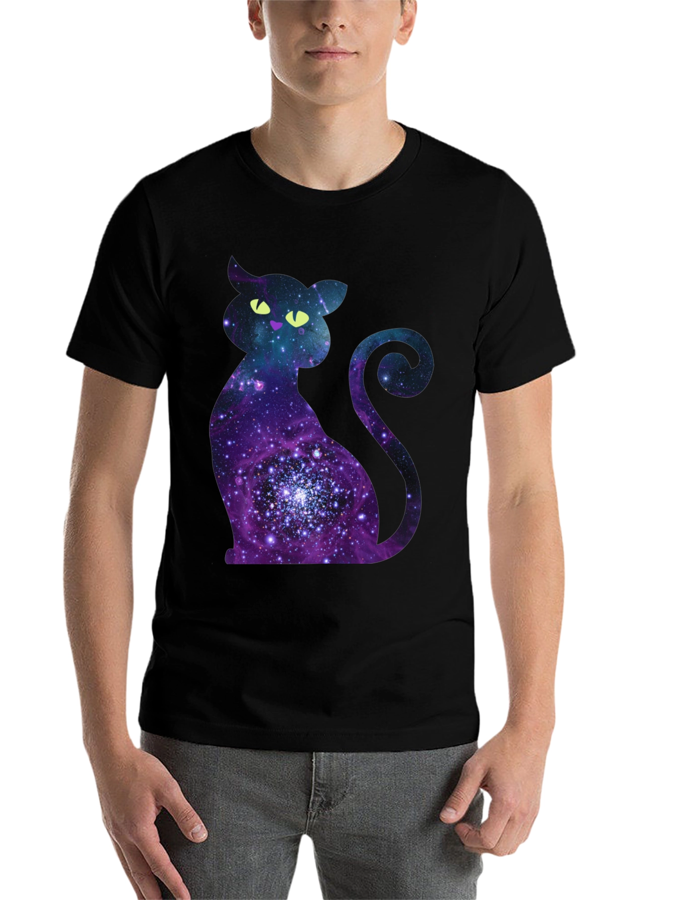 Black Galaxy Cat Graphic Print Crew Neck T-Shirt view 7