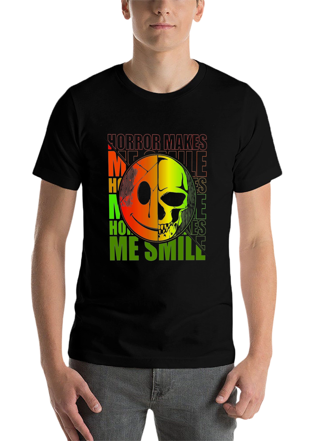 Black Horror Makes Me Smile T-Shirt - Half Smile, Half Skull view 7