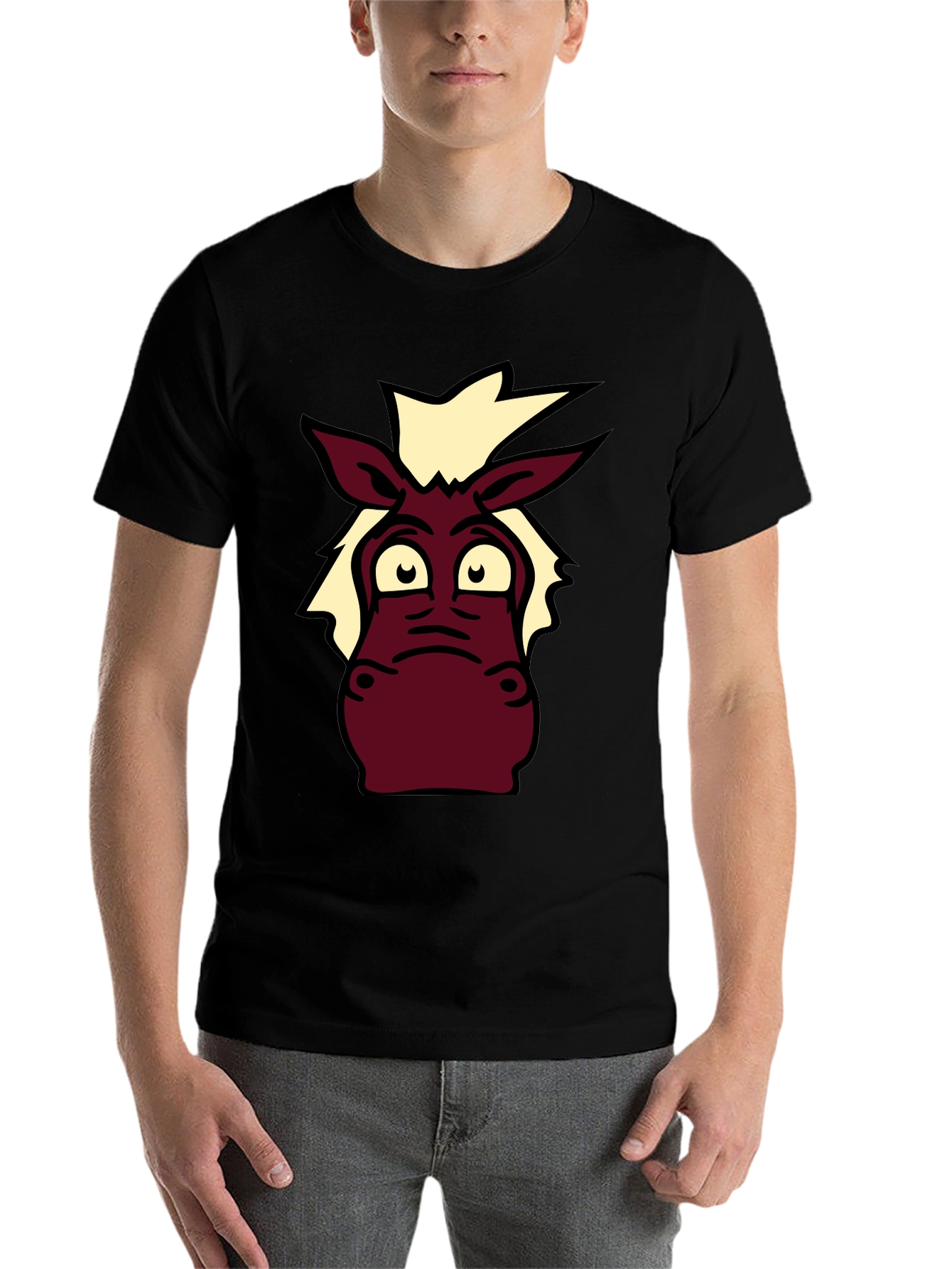 Black Cartoon Donkey Graphic Tee - Black Cotton T-Shirt view 7