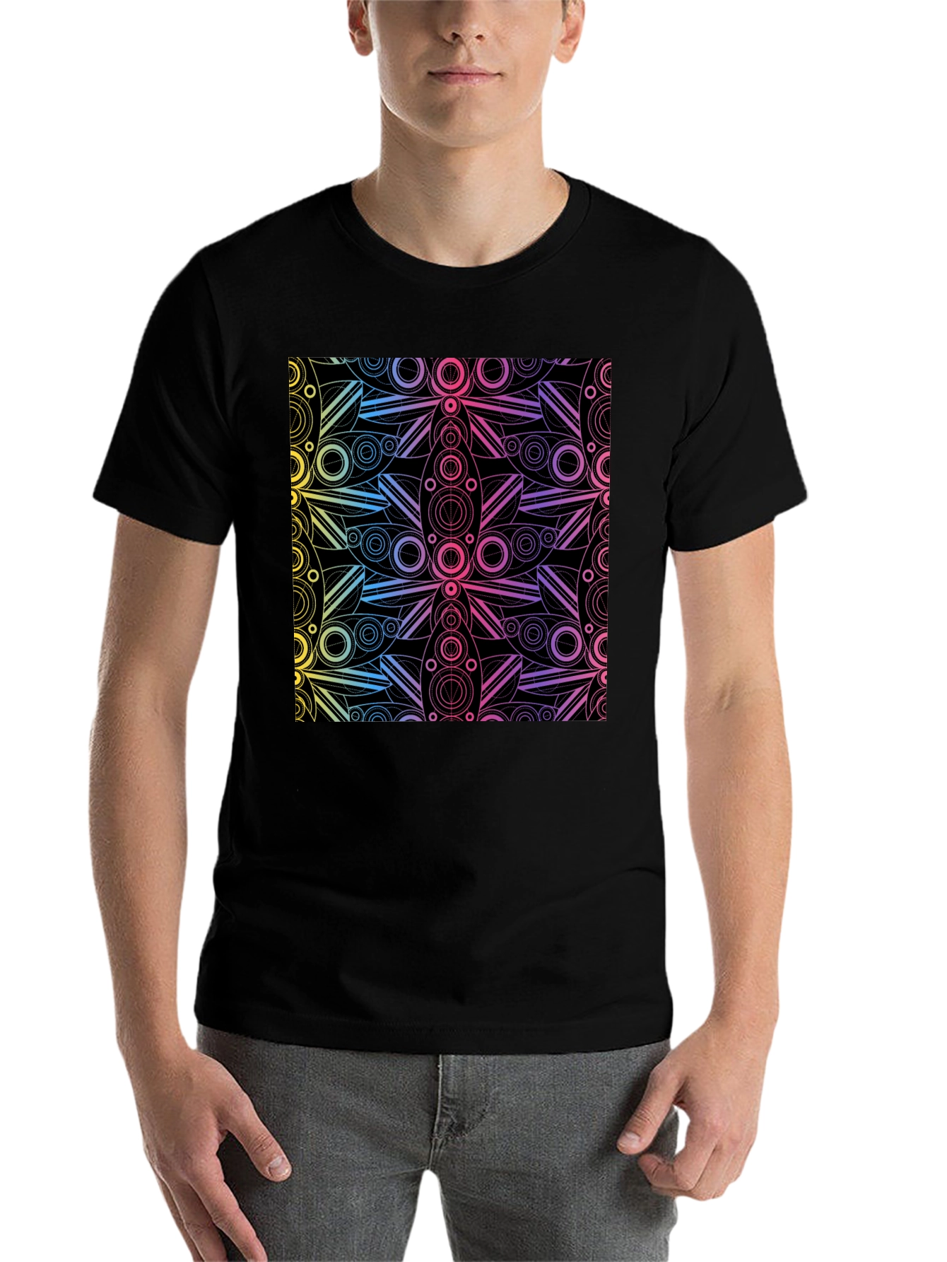 Black Geometric Rainbow Pattern Black T-Shirt view 7